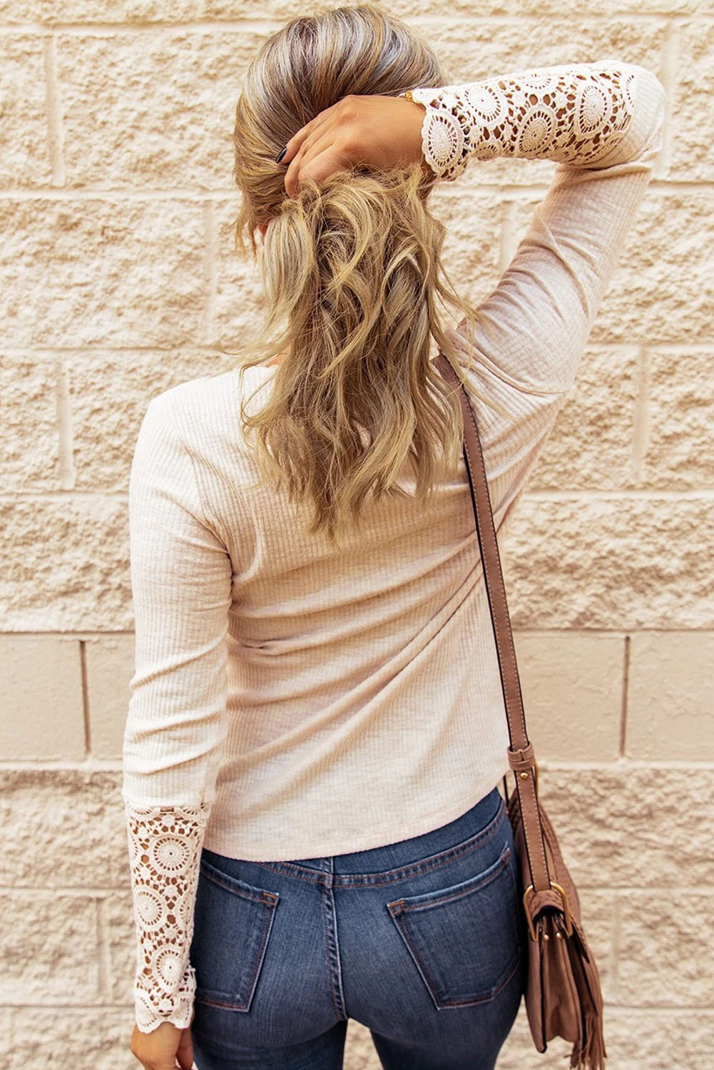 Beige Crochet Lace Hem Sleeve Button Top