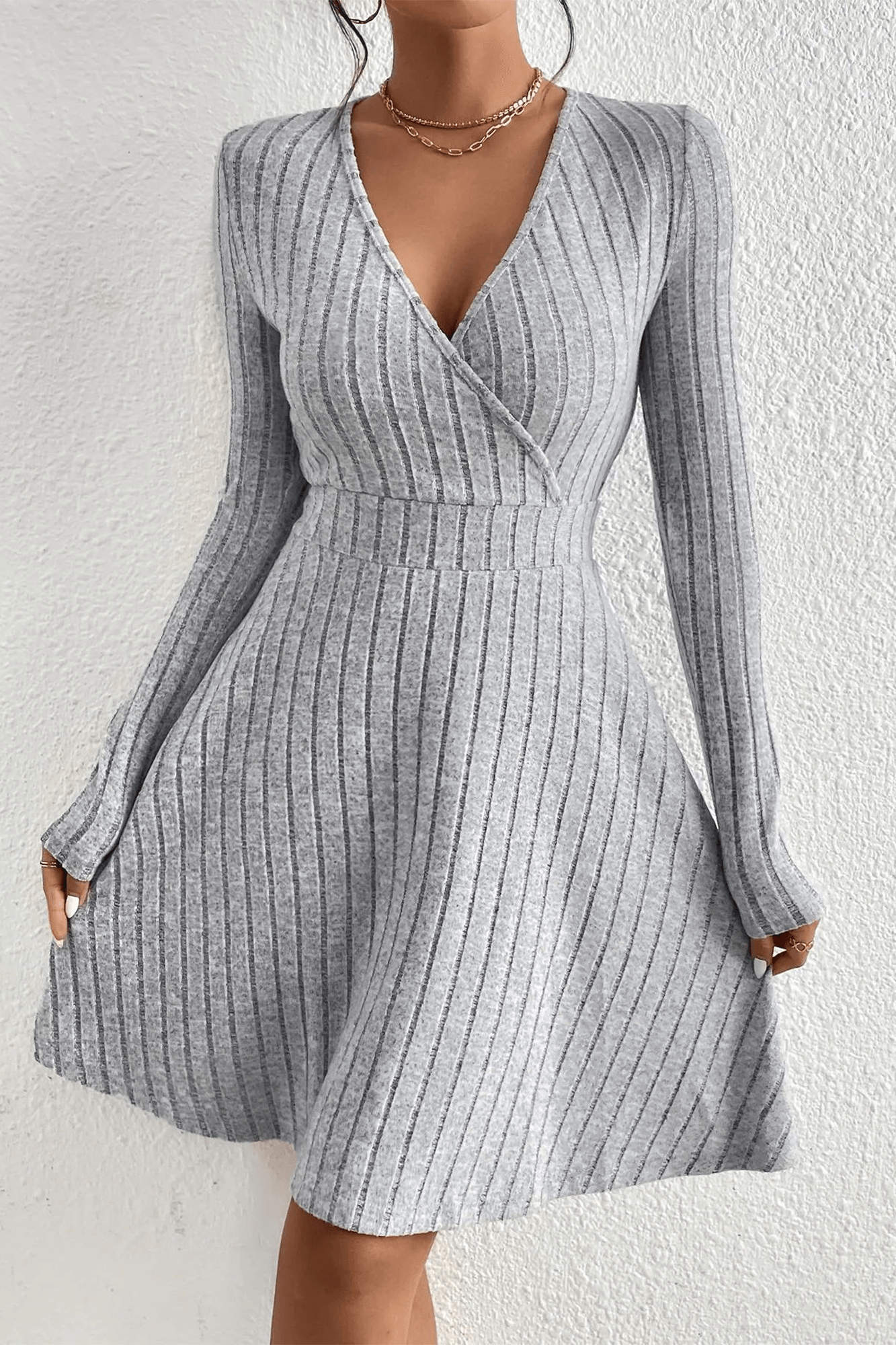 Plunge Neck Long Sleeve Mini Dress