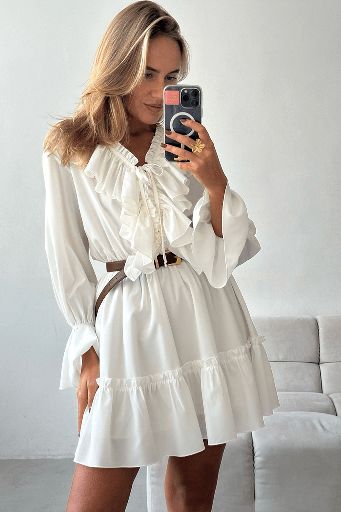 V Neck Ruffle Pleated Mini Dress