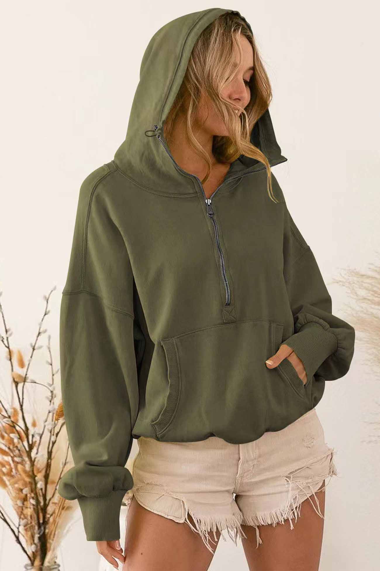 Long Sleeve Zipper Pocket Drawstring Hooded Sweatshirt