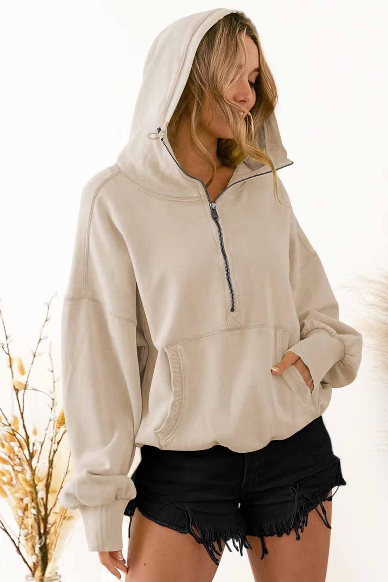 Long Sleeve Zipper Pocket Drawstring Hooded Sweatshirt