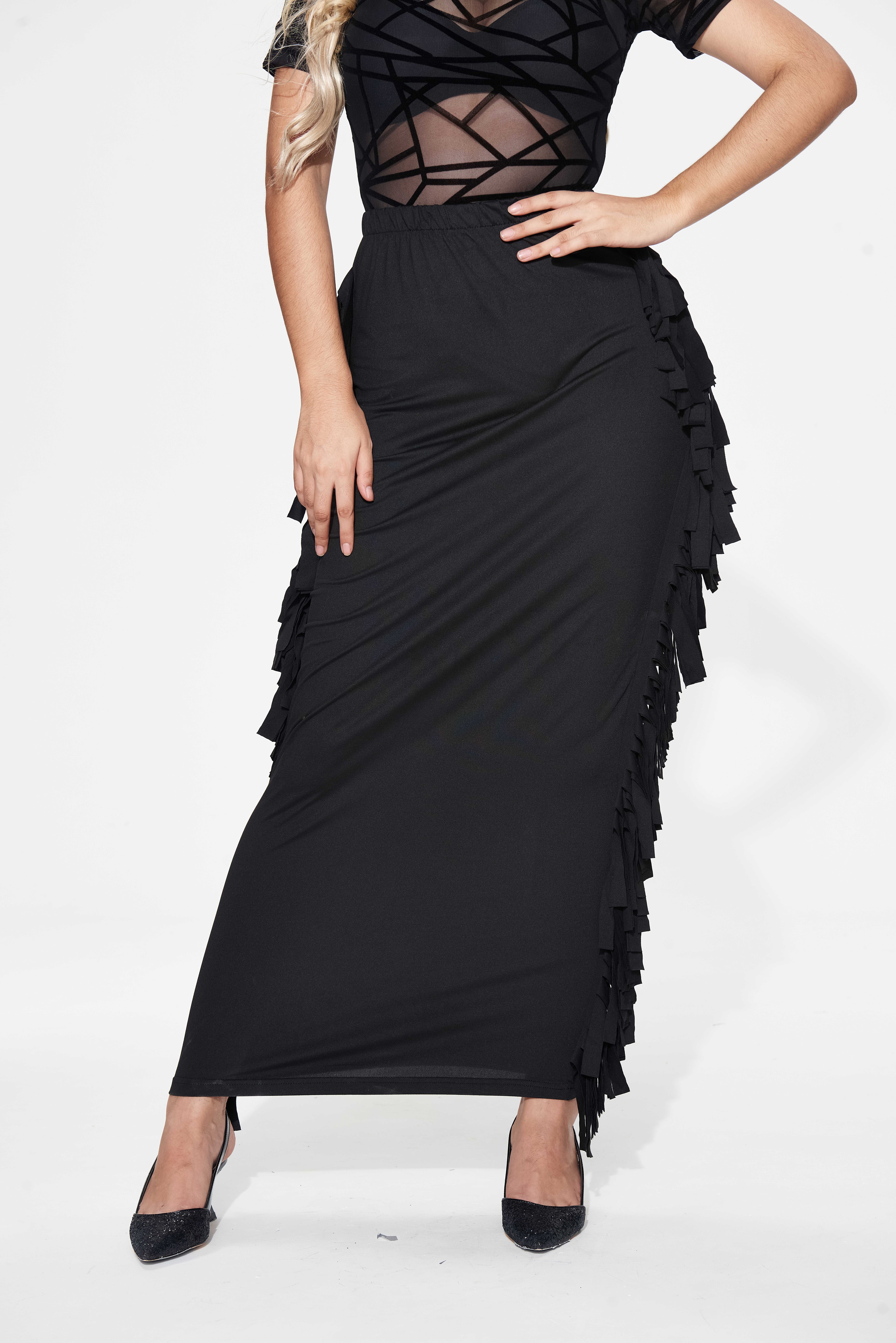 Black Cotton Blend Sides Tassel Maxi Skirt TQK360041-2