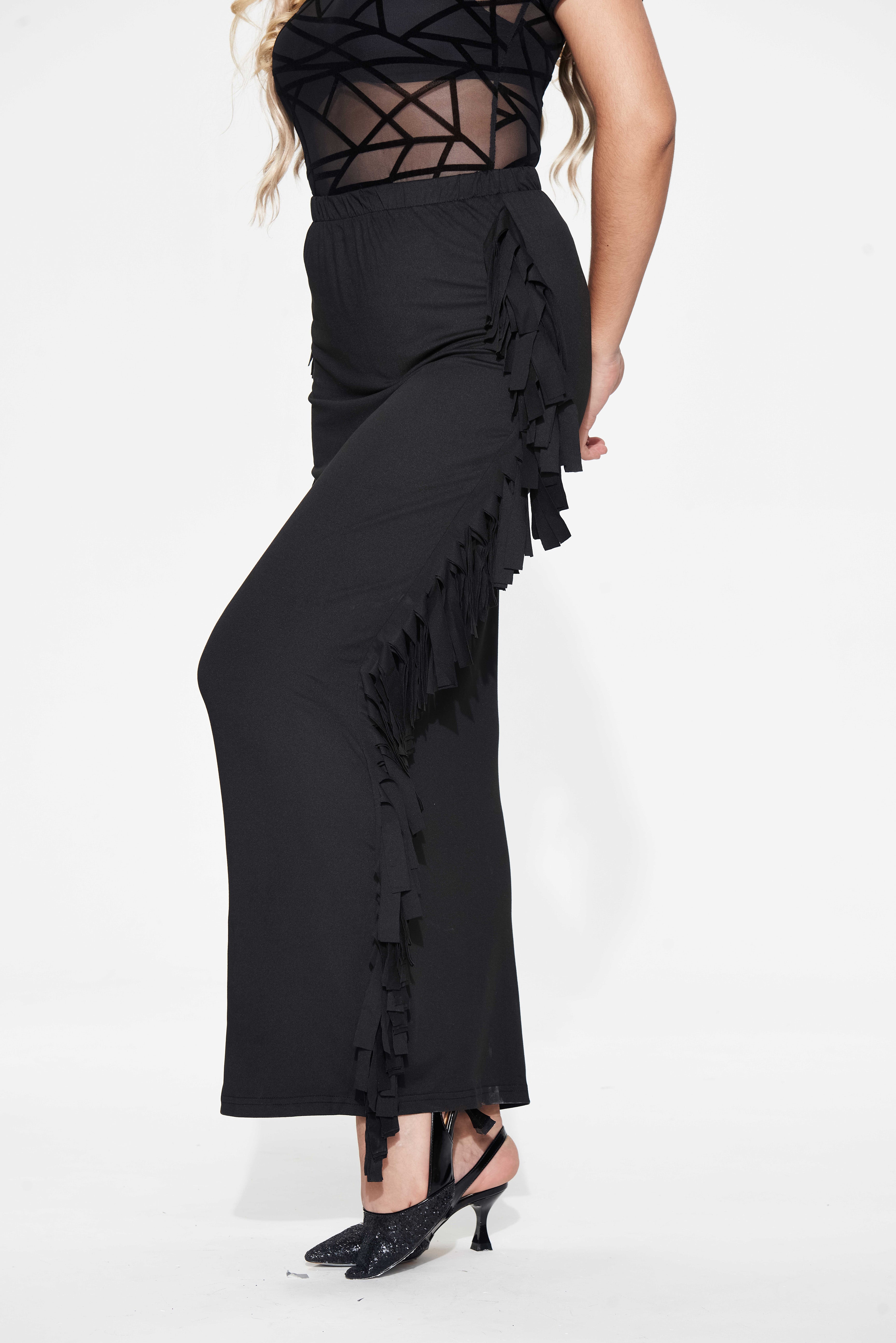 Black Cotton Blend Sides Tassel Maxi Skirt TQK360041-2