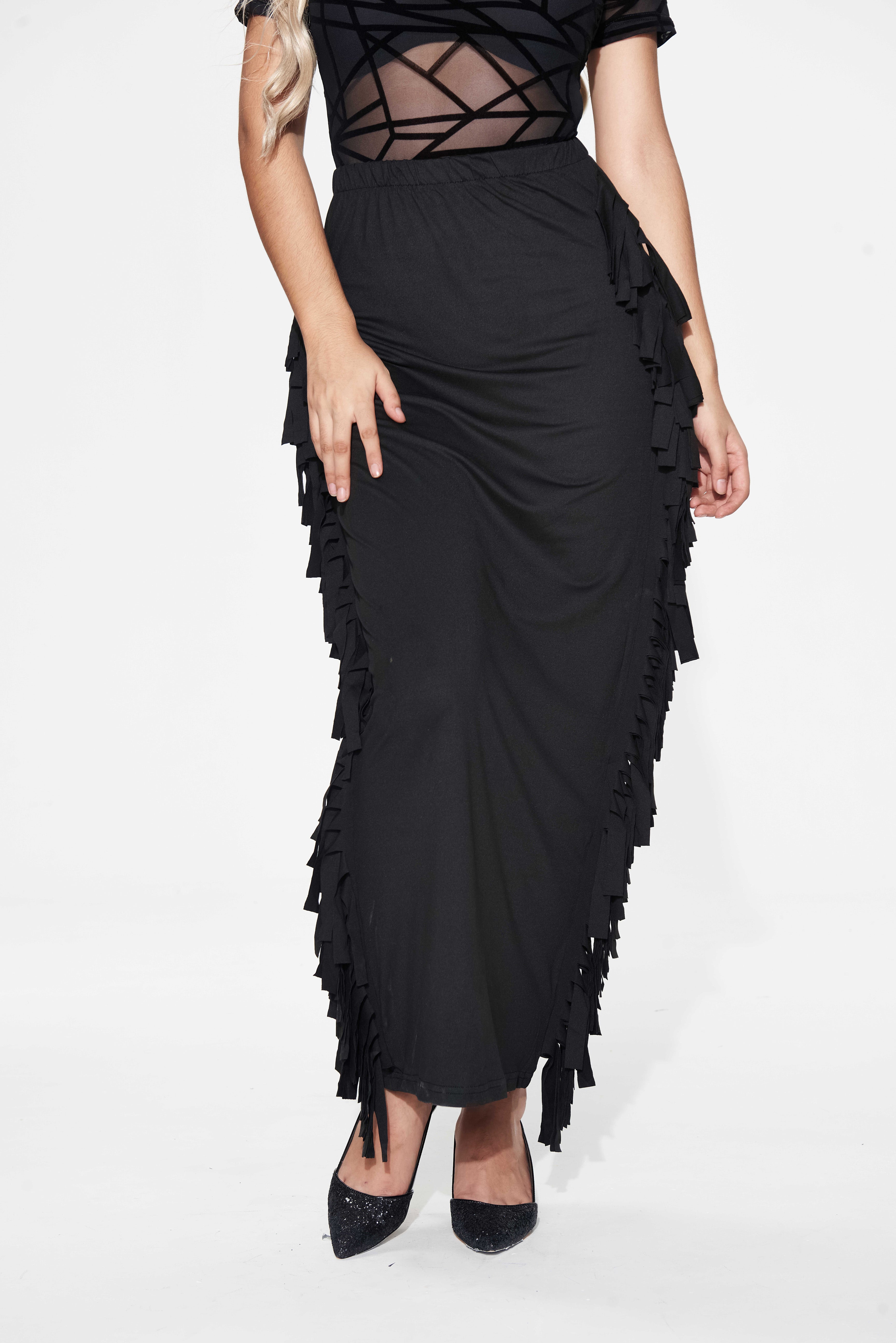 Black Cotton Blend Sides Tassel Maxi Skirt TQK360041-2