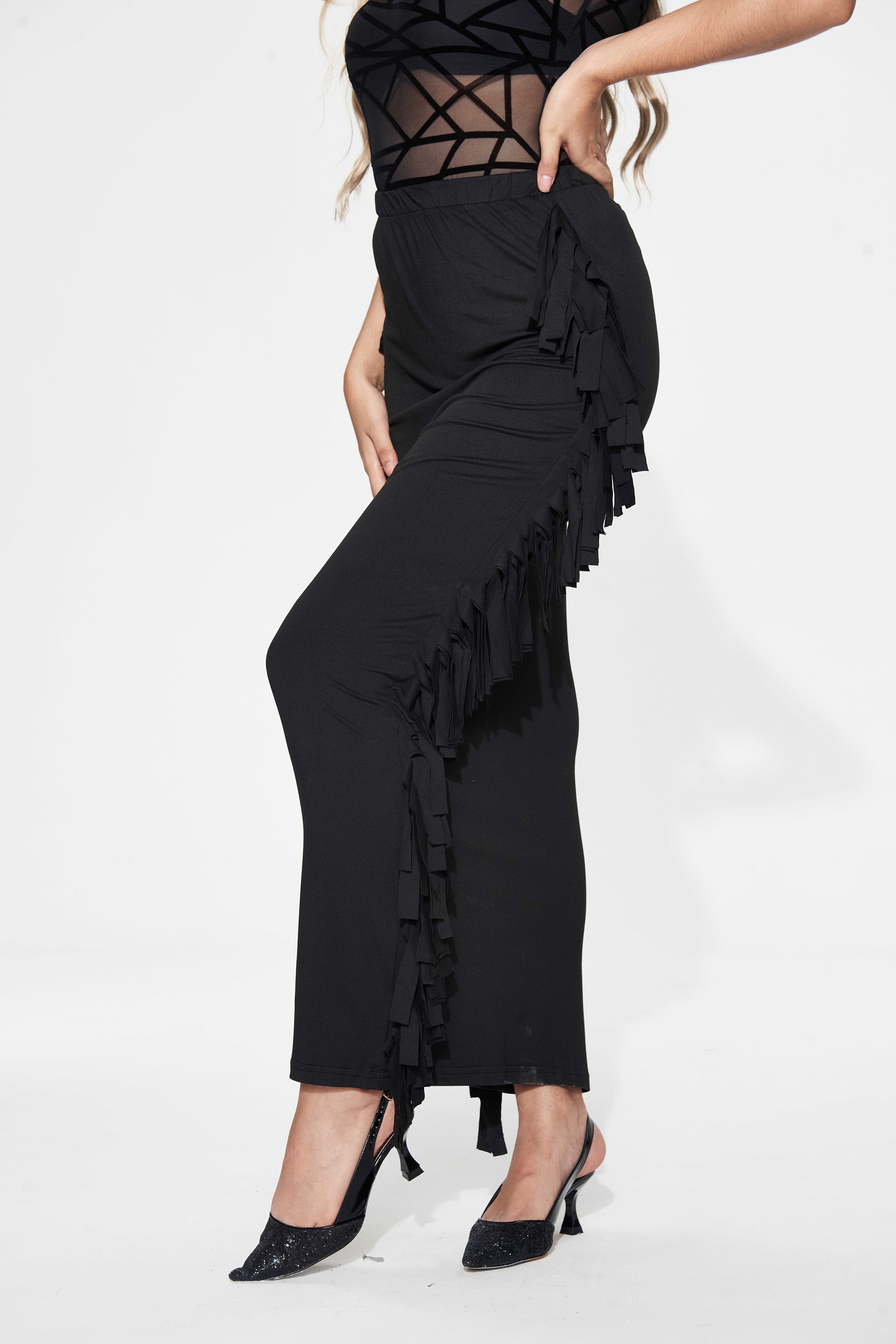 Black Cotton Blend Sides Tassel Maxi Skirt TQK360041-2