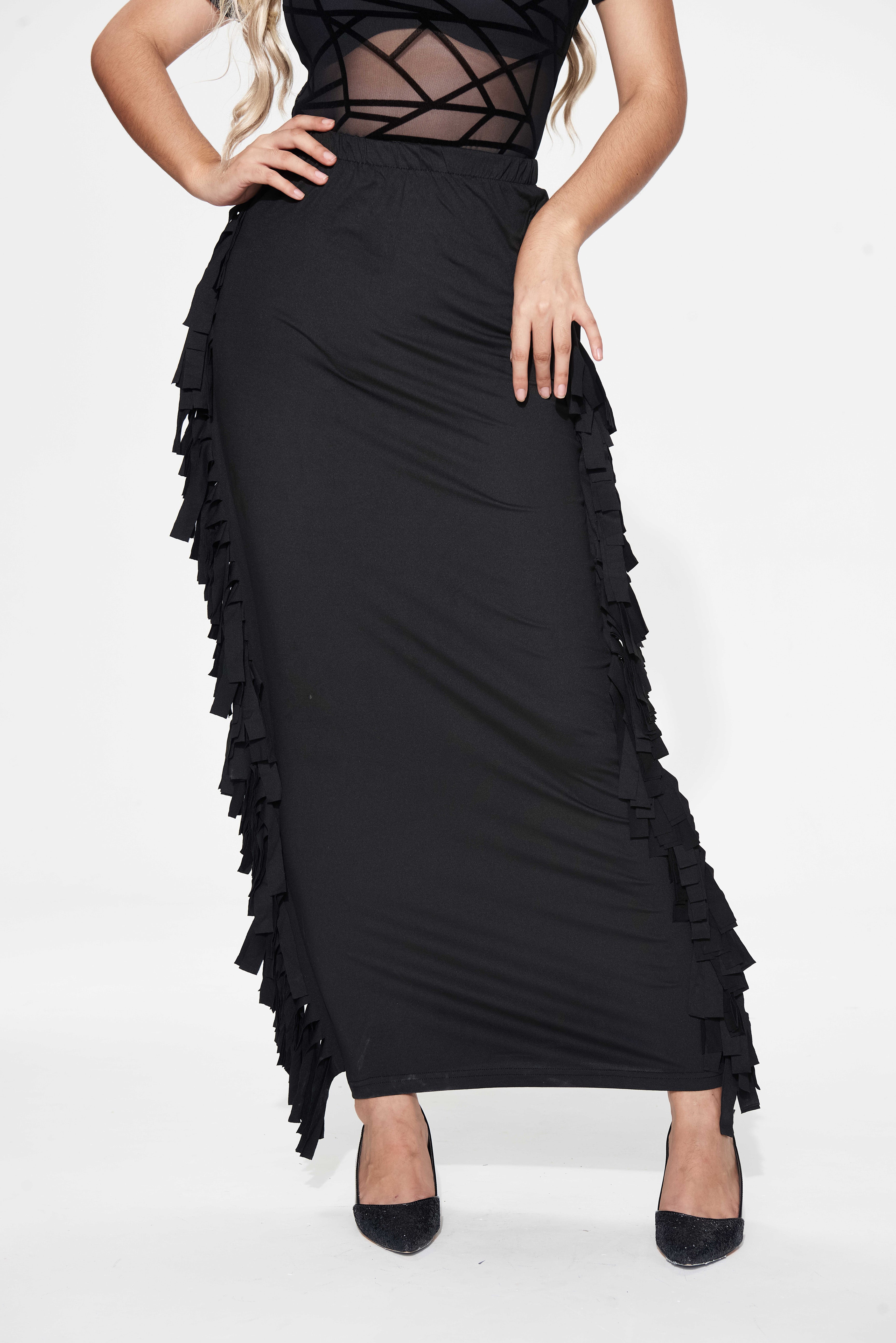 Black Cotton Blend Sides Tassel Maxi Skirt TQK360041-2