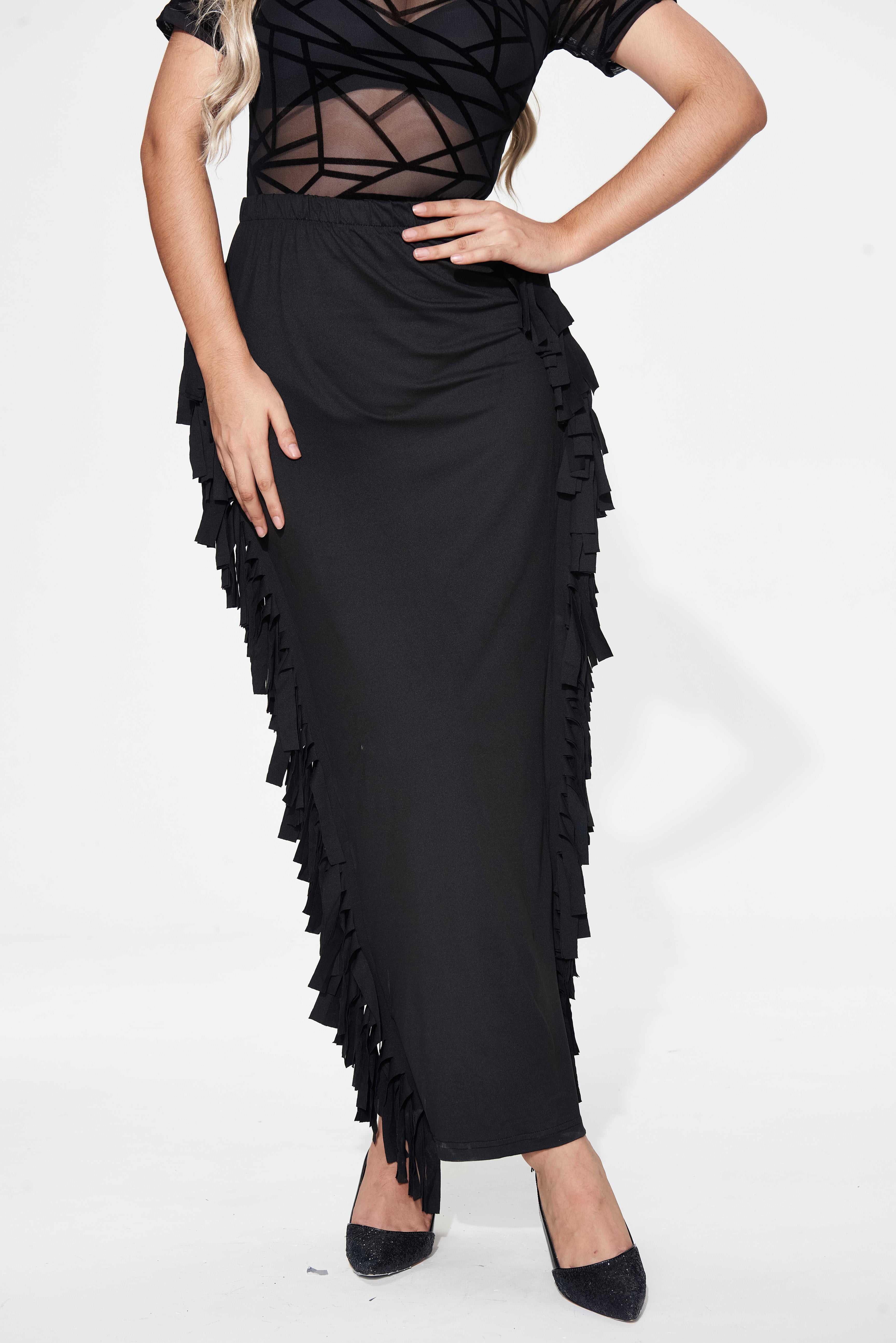 Black Cotton Blend Sides Tassel Maxi Skirt TQK360041-2