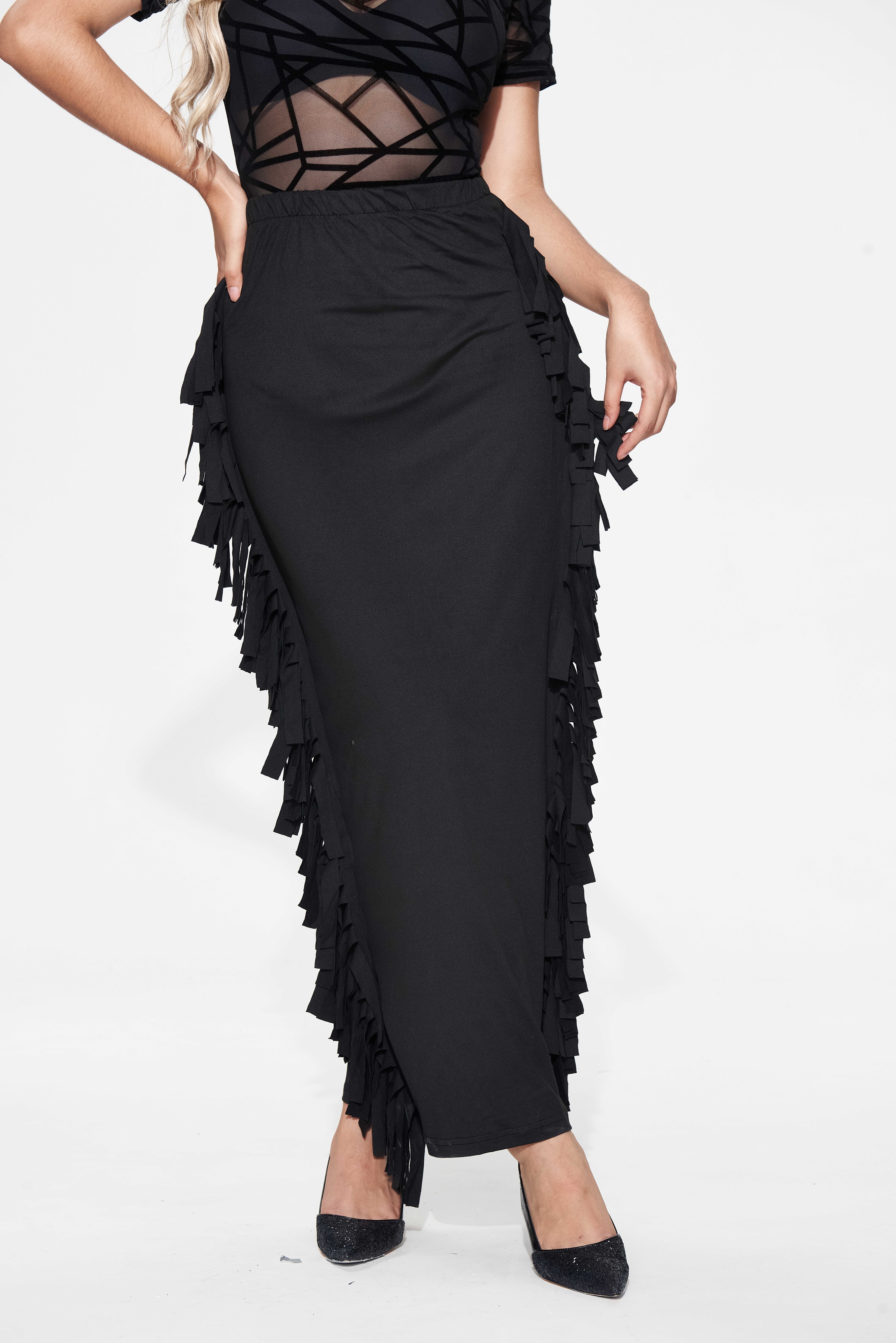 Black Cotton Blend Sides Tassel Maxi Skirt TQK360041-2