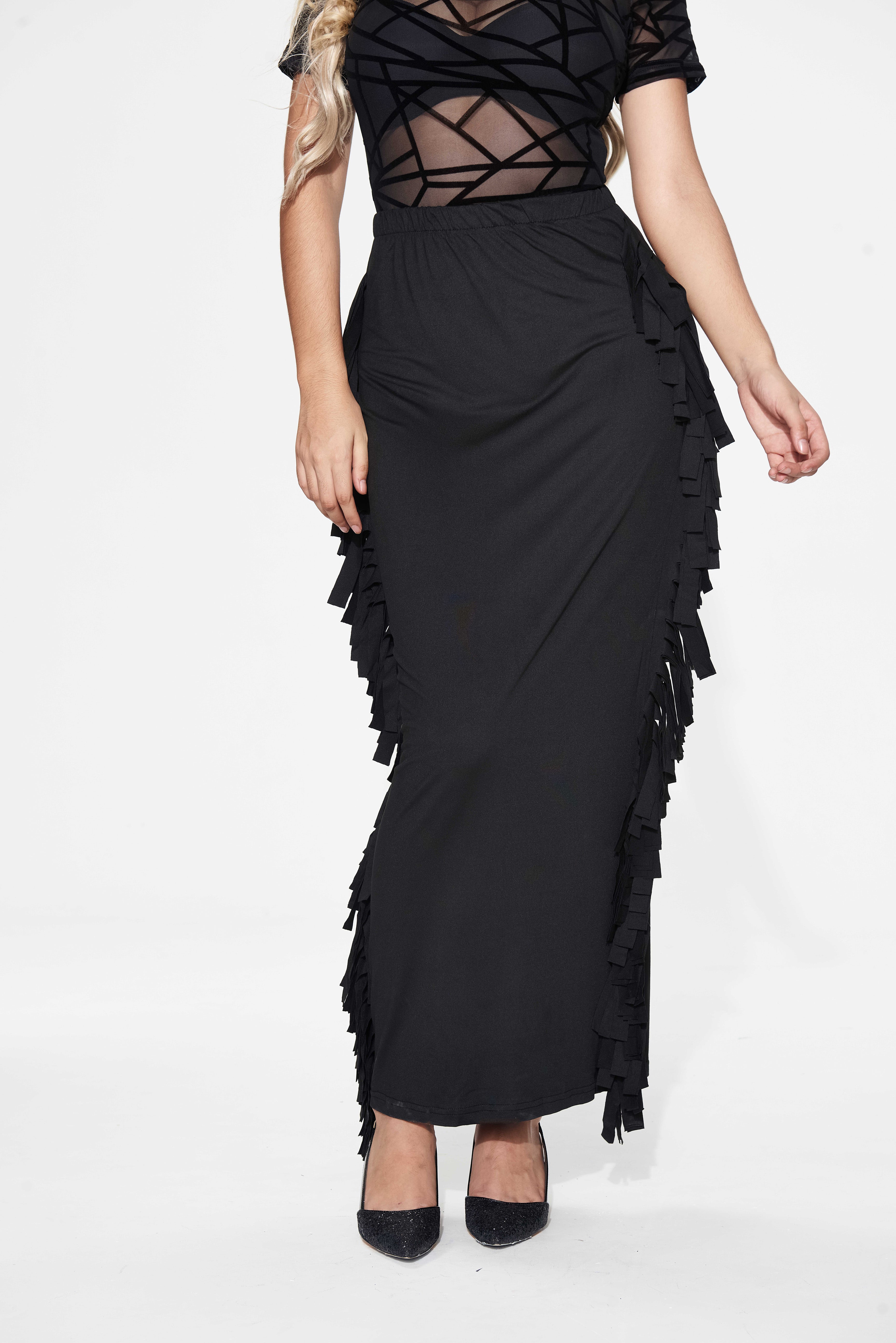 Black Cotton Blend Sides Tassel Maxi Skirt TQK360041-2