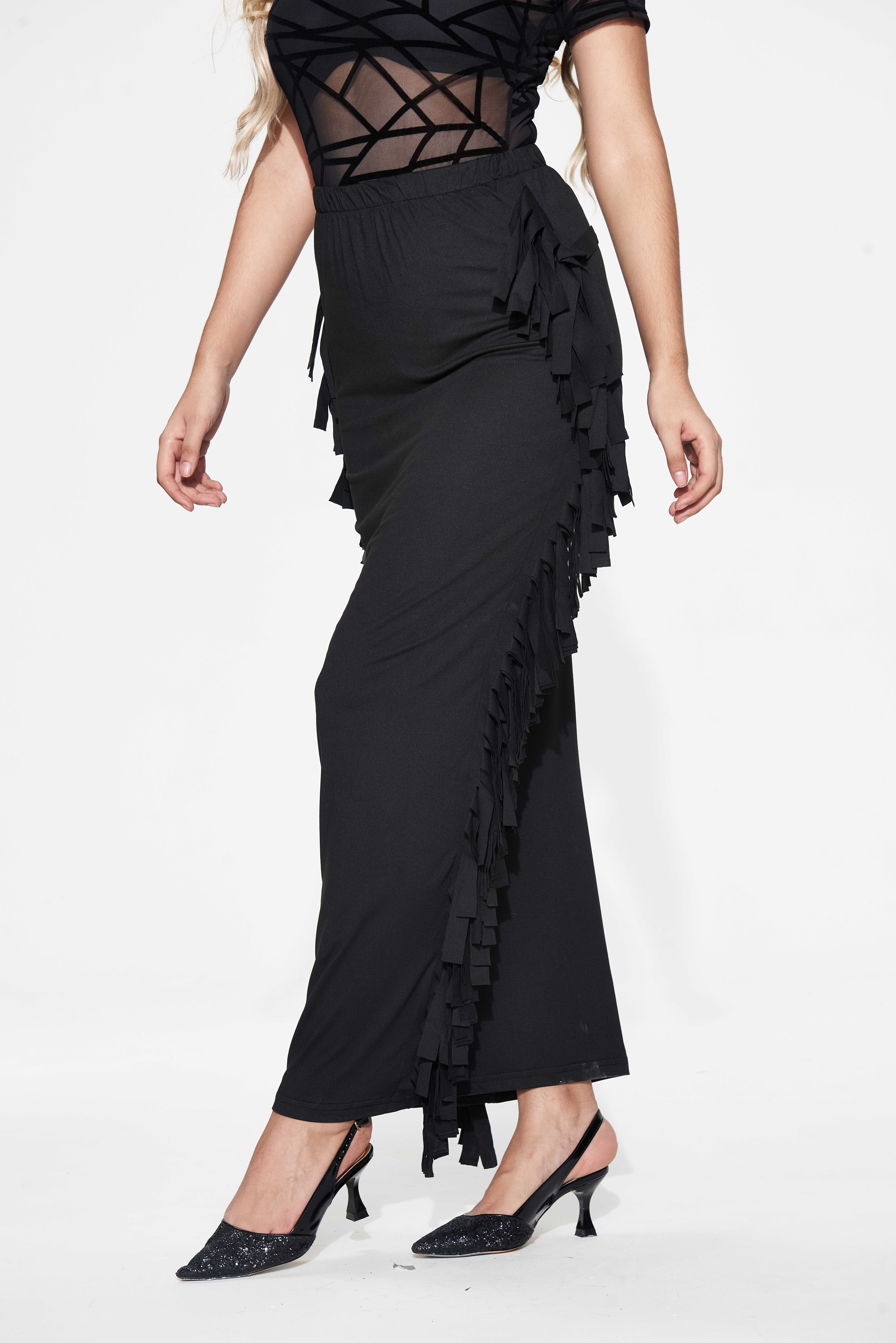 Black Cotton Blend Sides Tassel Maxi Skirt TQK360041-2