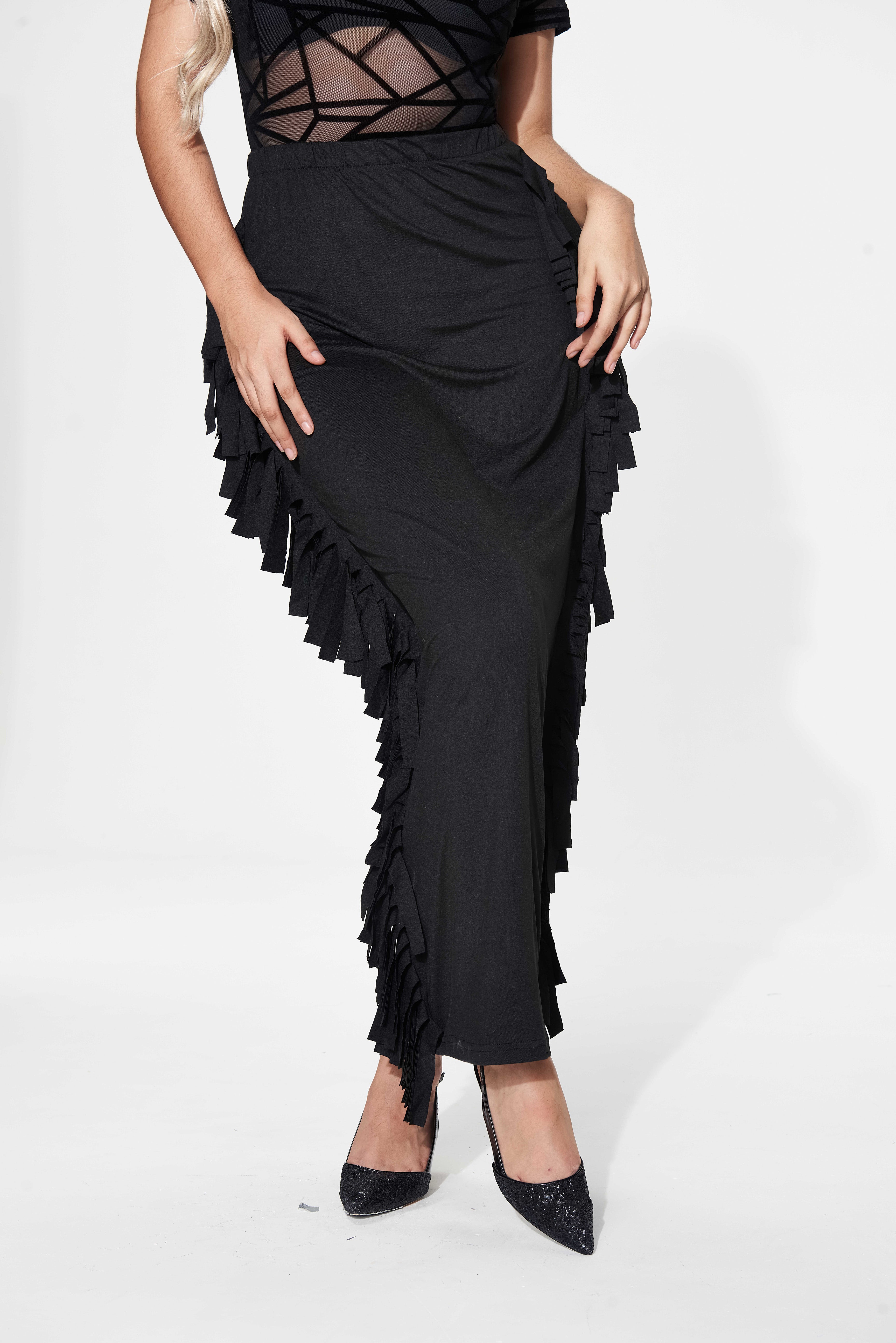 Black Cotton Blend Sides Tassel Maxi Skirt TQK360041-2