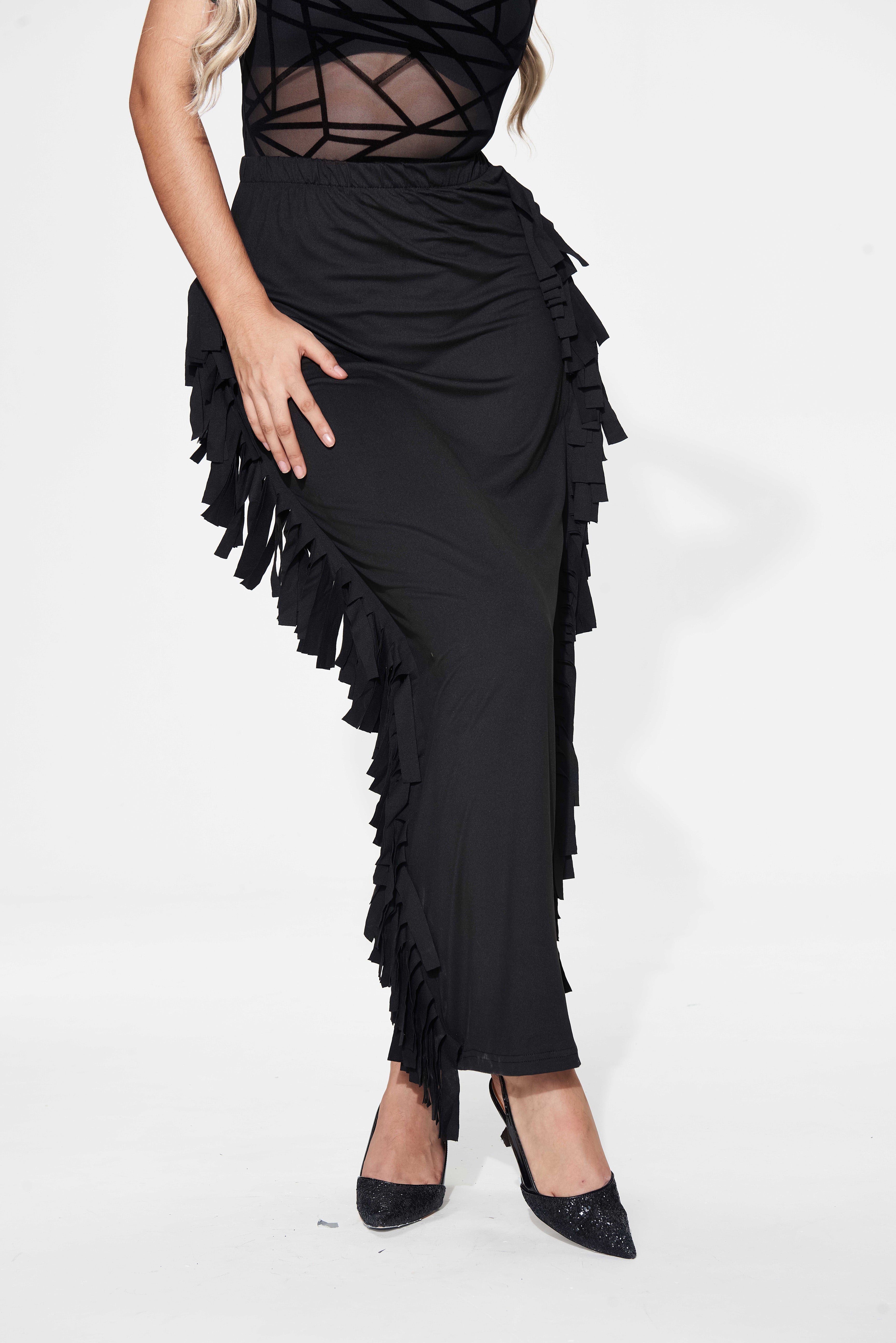 Black Cotton Blend Sides Tassel Maxi Skirt TQK360041-2