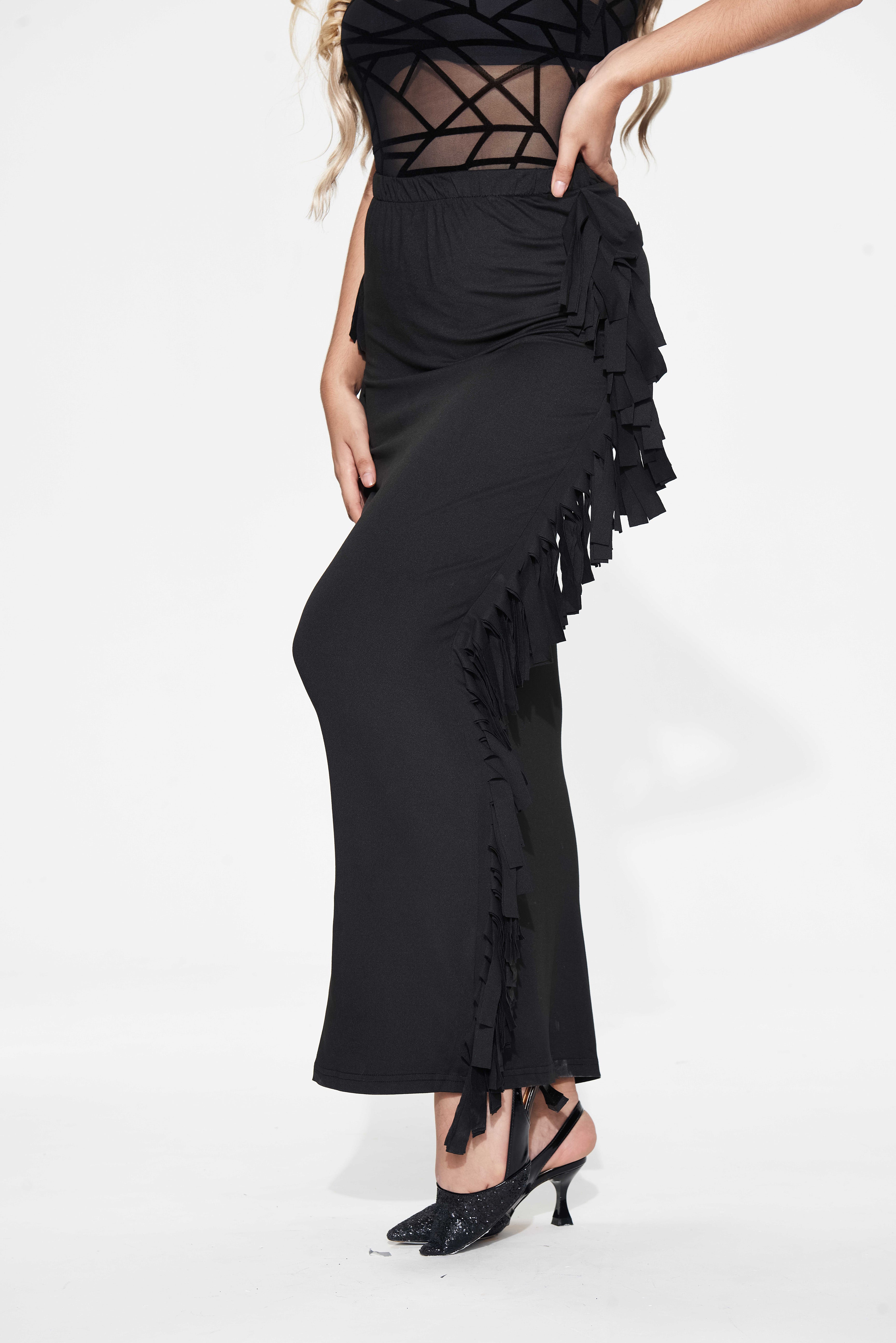 Black Cotton Blend Sides Tassel Maxi Skirt TQK360041-2