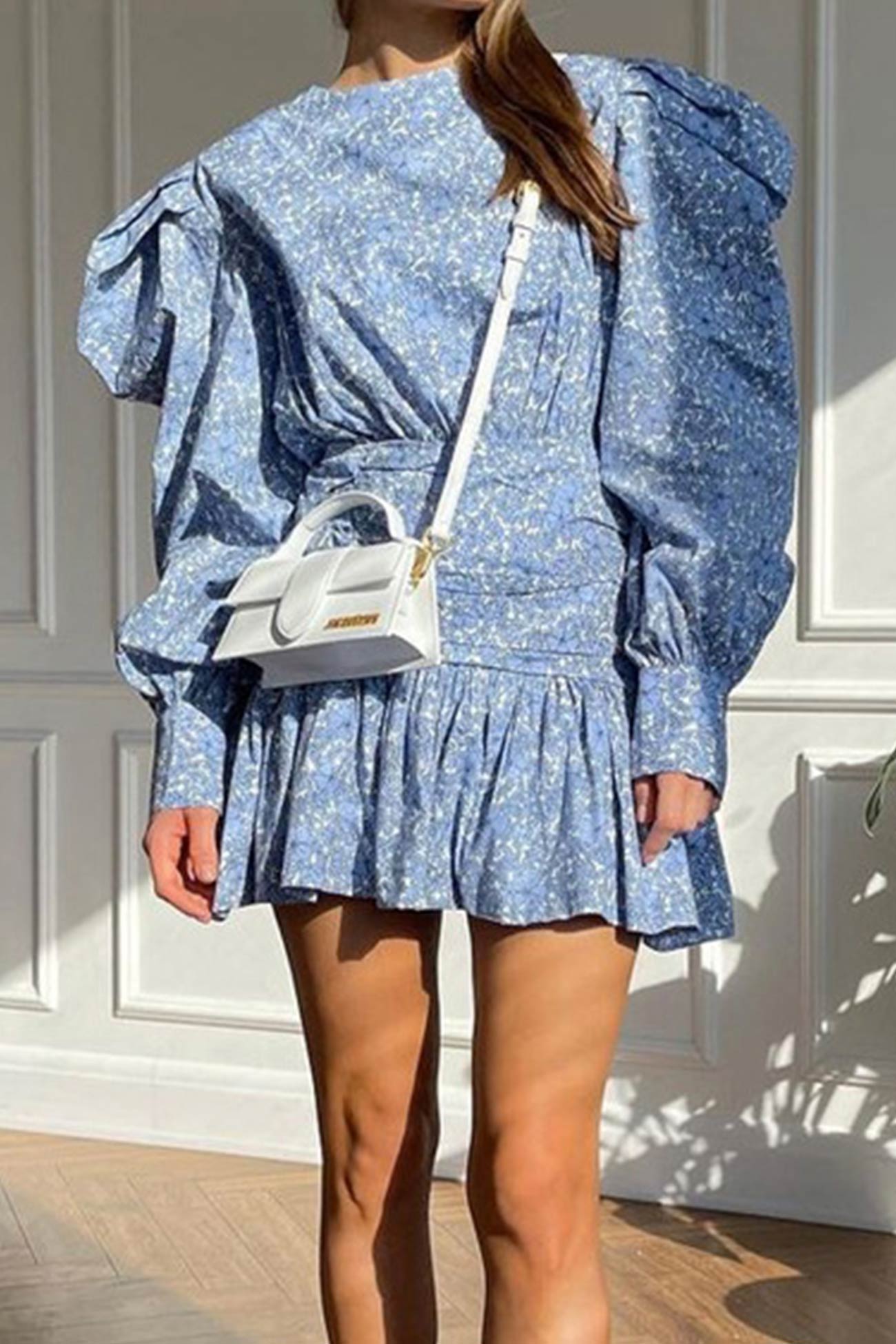 Blue Puff Sleeve Gathered Ruffle Floral Dress