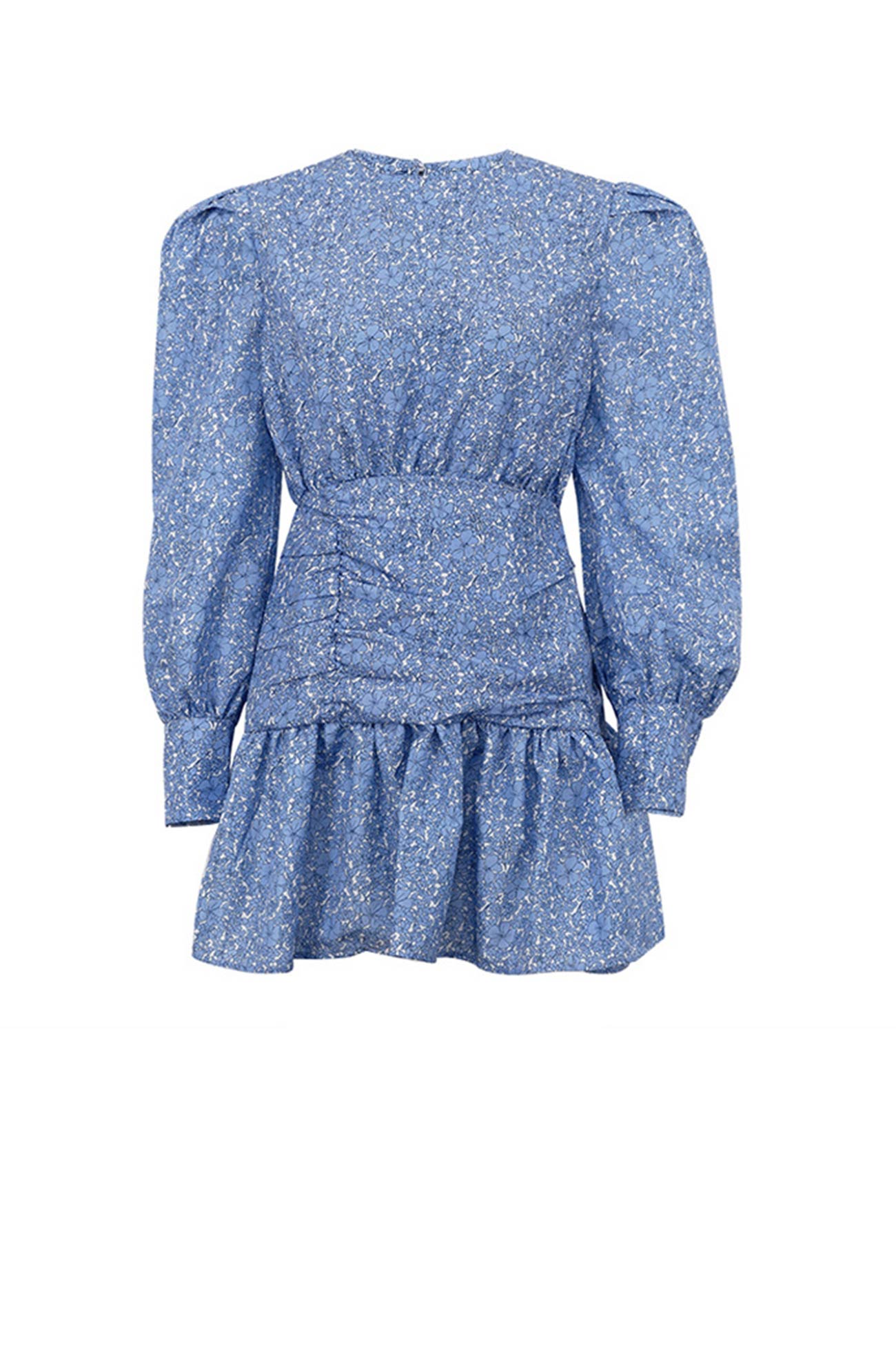 Blue Puff Sleeve Gathered Ruffle Floral Dress