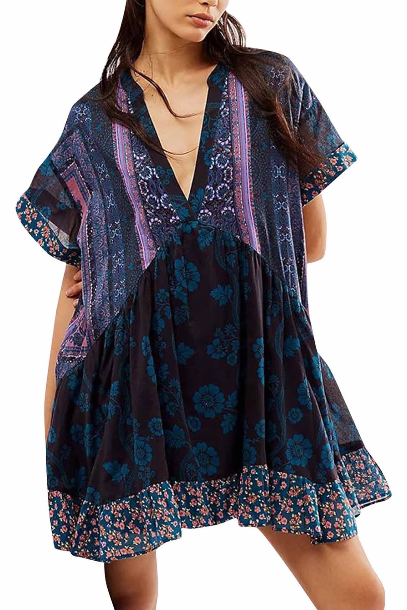 Boho Printed V Neck Pleated Hem Mini Dress