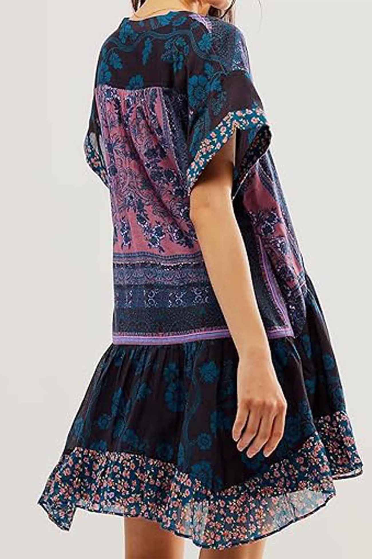 Boho Printed V Neck Pleated Hem Mini Dress