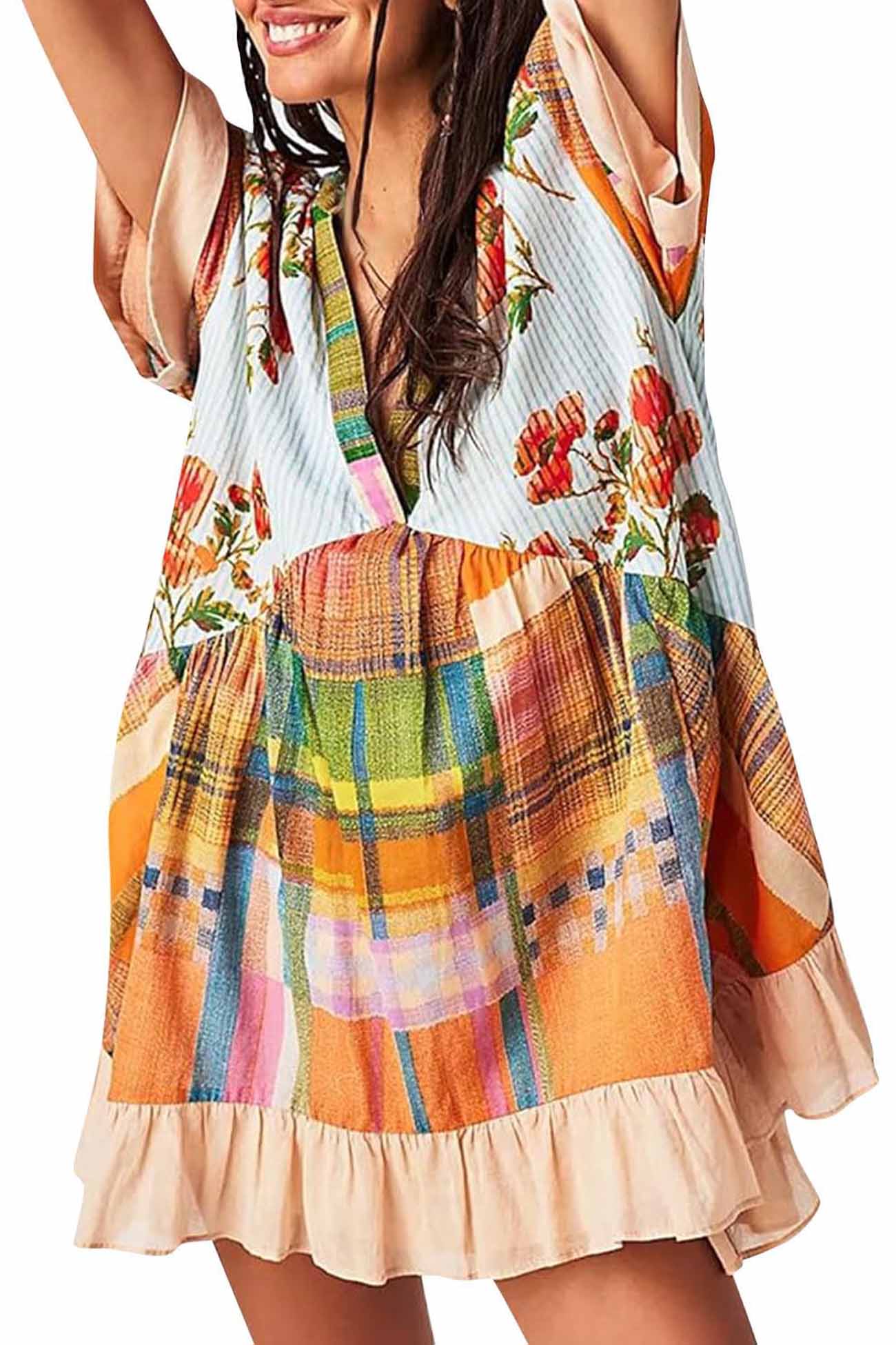 Boho Printed V Neck Pleated Hem Mini Dress