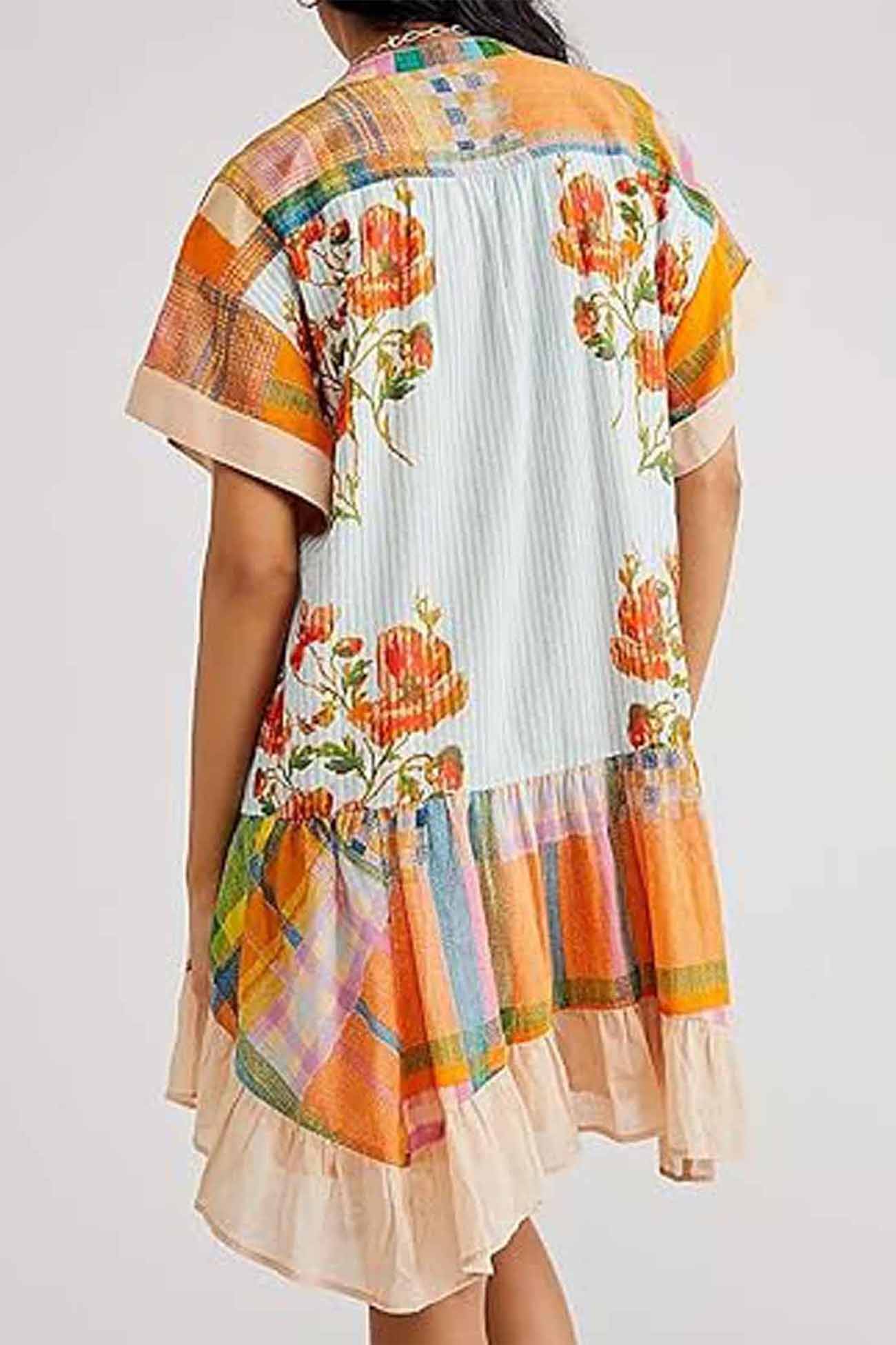 Boho Printed V Neck Pleated Hem Mini Dress