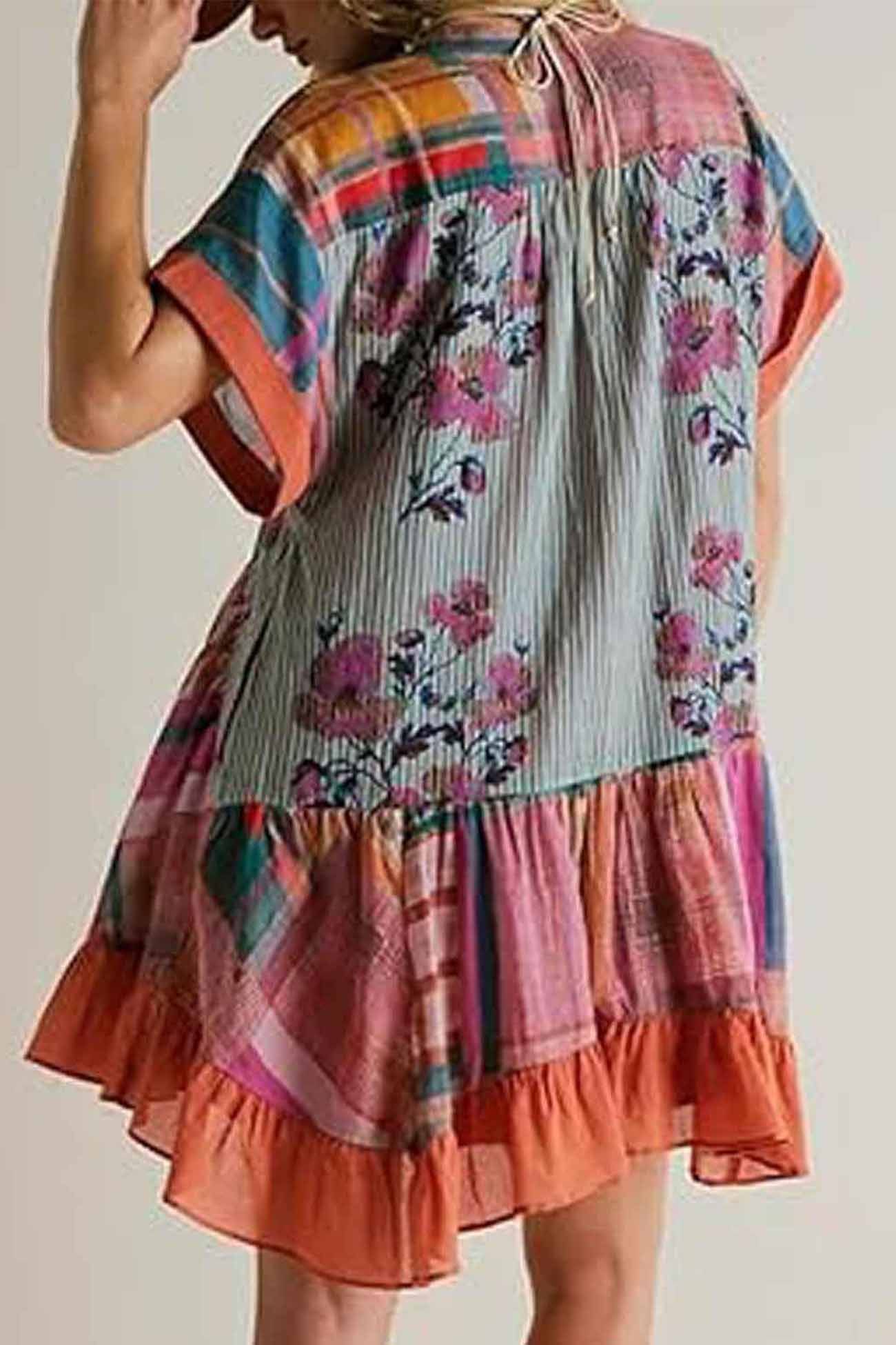 Boho Printed V Neck Pleated Hem Mini Dress