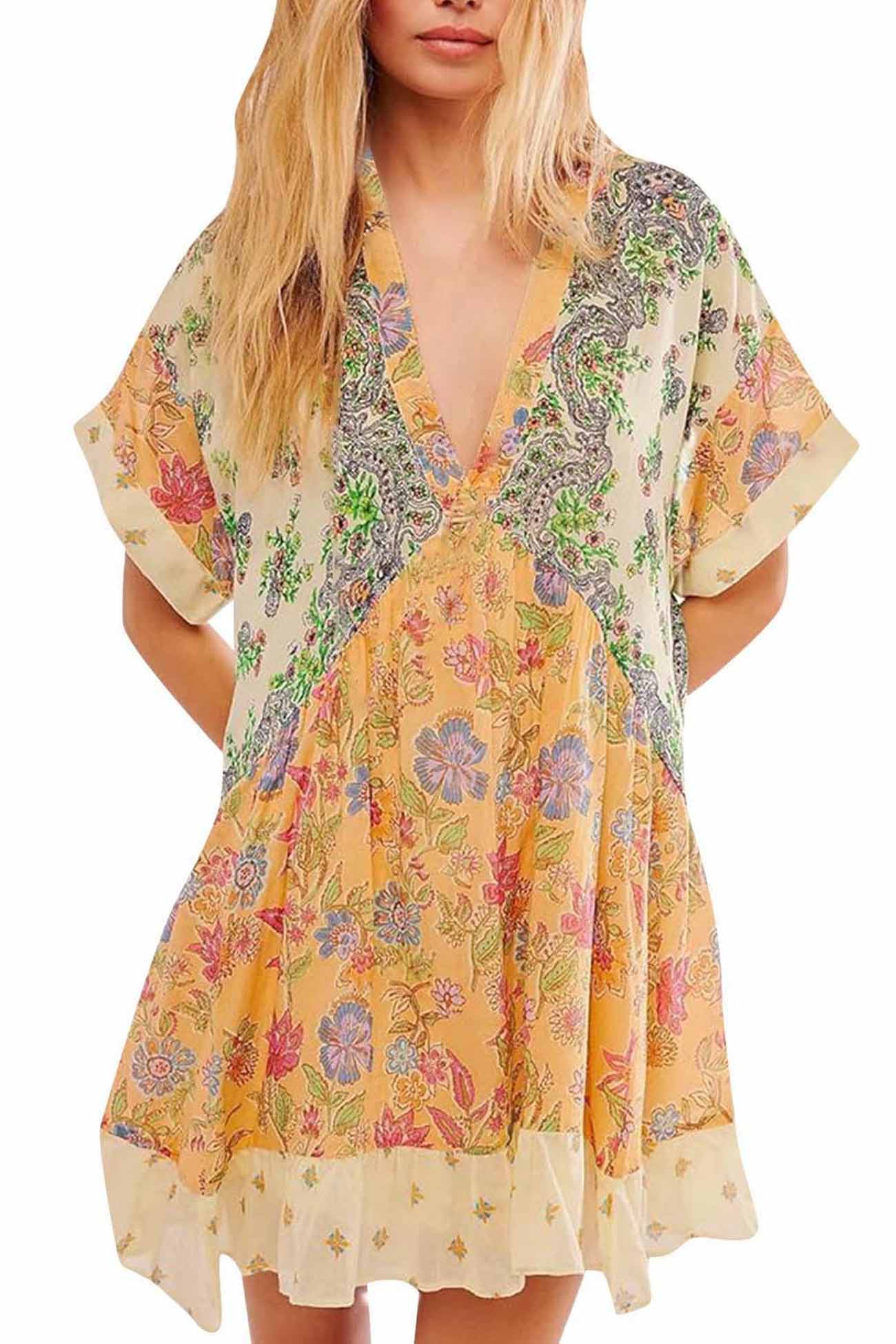 Boho Printed V Neck Pleated Hem Mini Dress