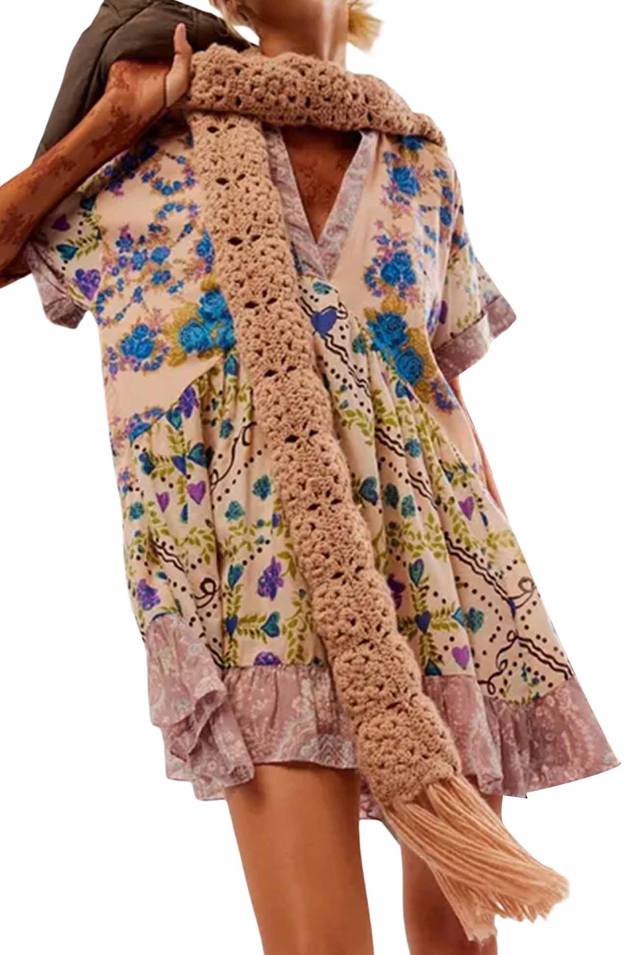 Boho Printed V Neck Pleated Hem Mini Dress