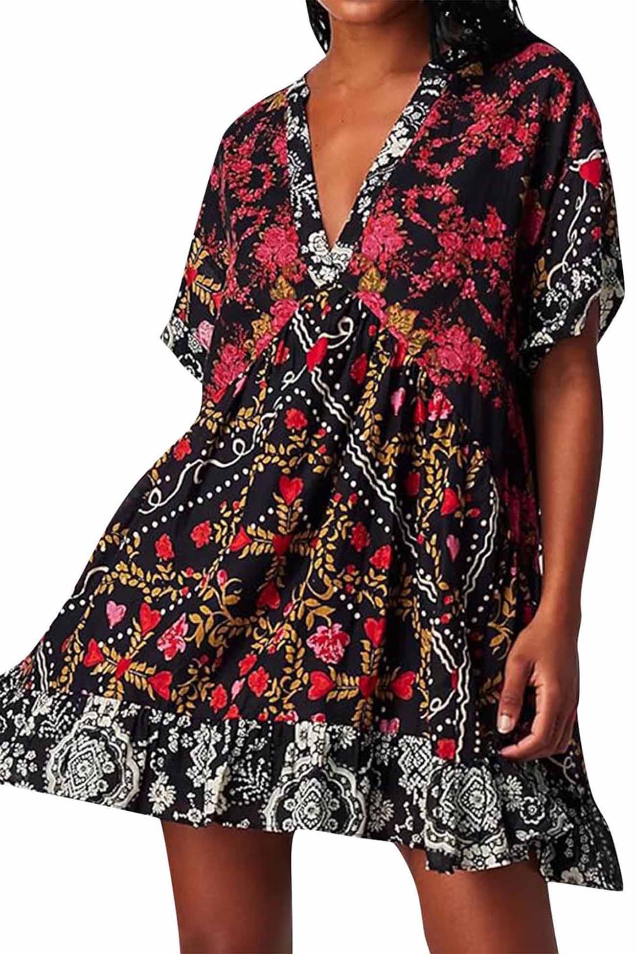 Boho Printed V Neck Pleated Hem Mini Dress