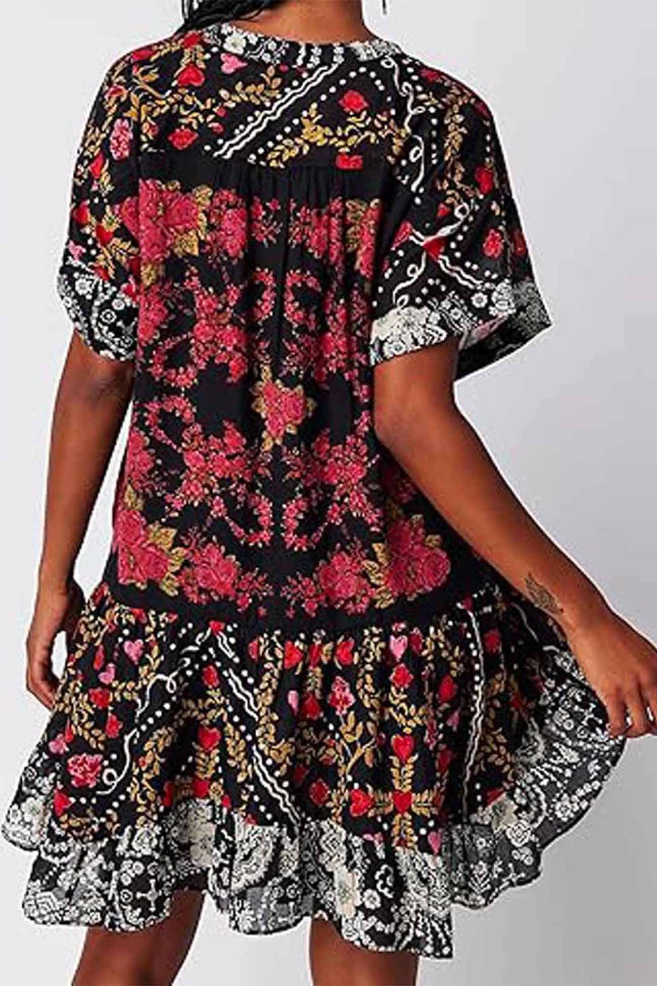 Boho Printed V Neck Pleated Hem Mini Dress