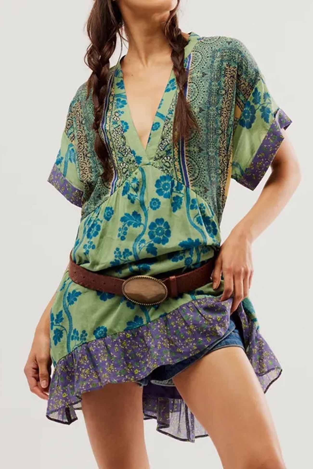 Boho Printed V Neck Pleated Hem Mini Dress