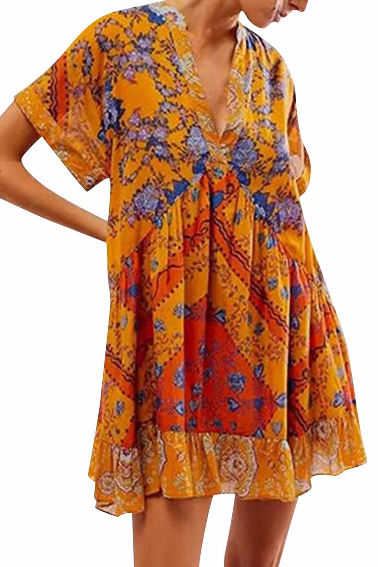 Boho Printed V Neck Pleated Hem Mini Dress