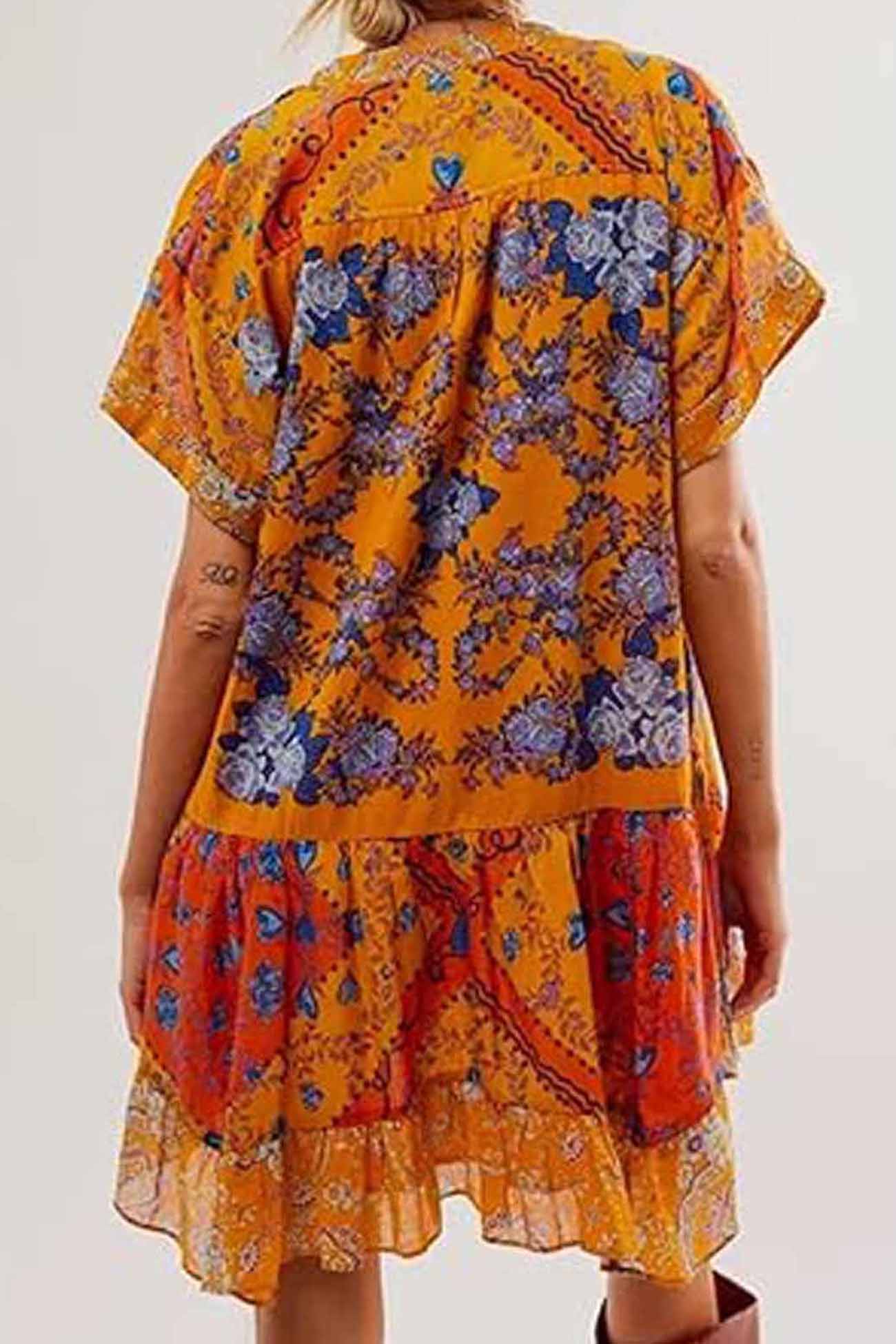 Boho Printed V Neck Pleated Hem Mini Dress