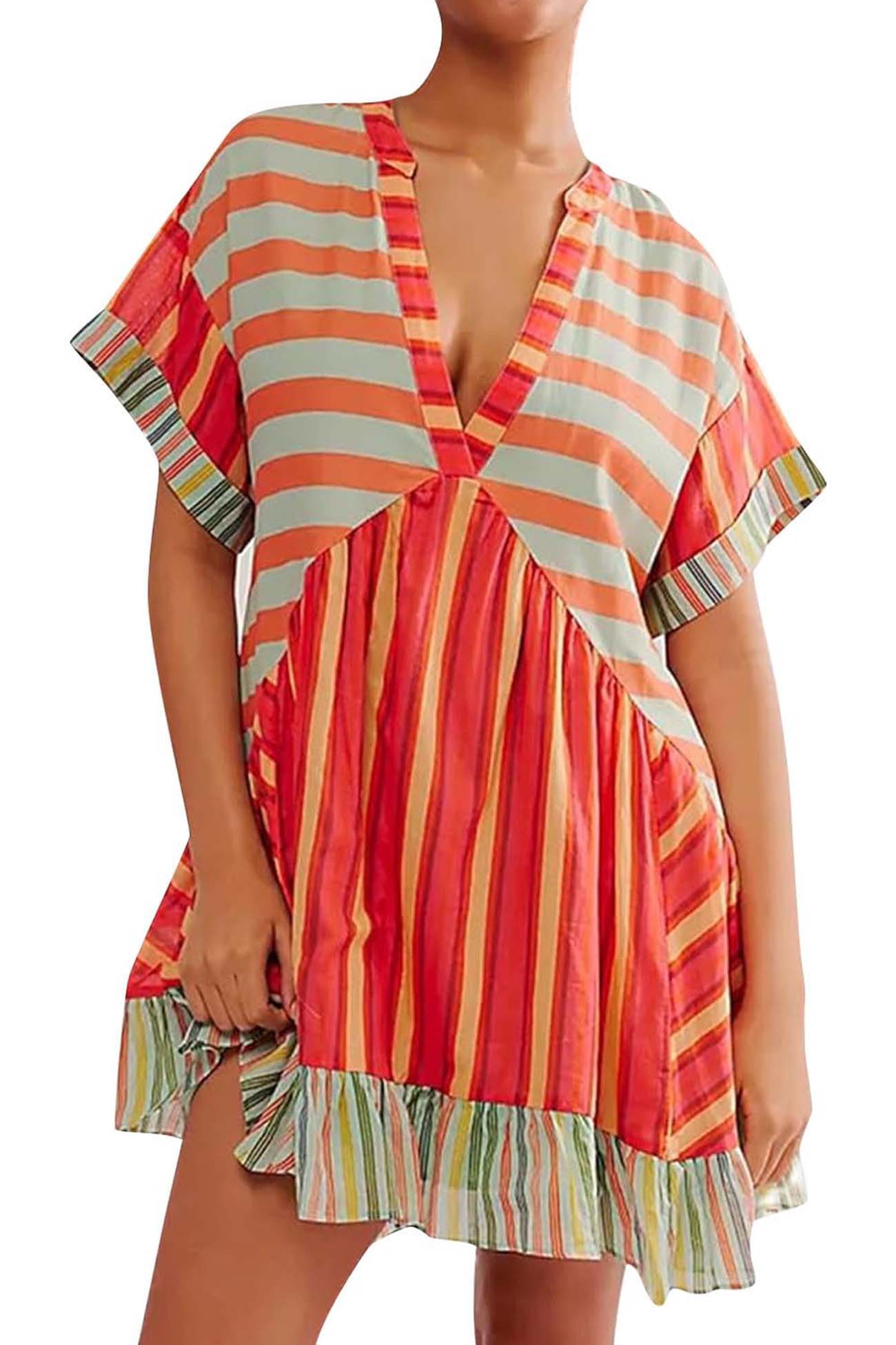 Boho Printed V Neck Pleated Hem Mini Dress