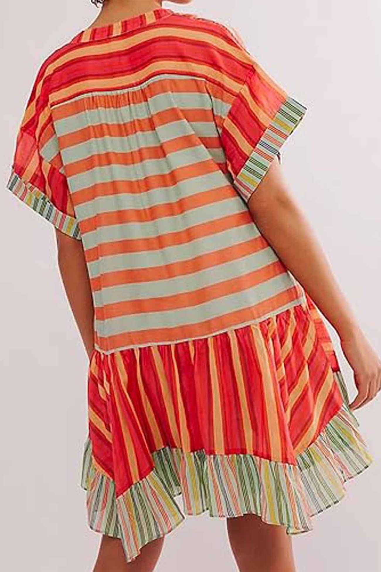 Boho Printed V Neck Pleated Hem Mini Dress