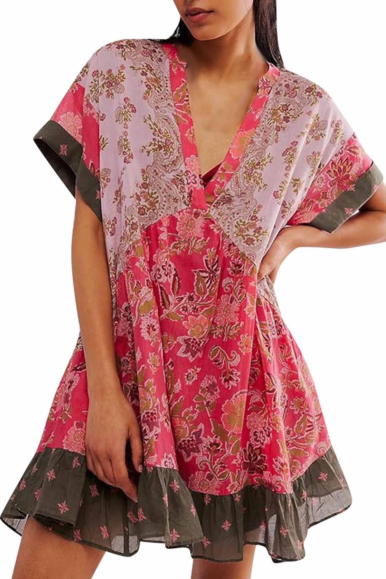 Boho Printed V Neck Pleated Hem Mini Dress