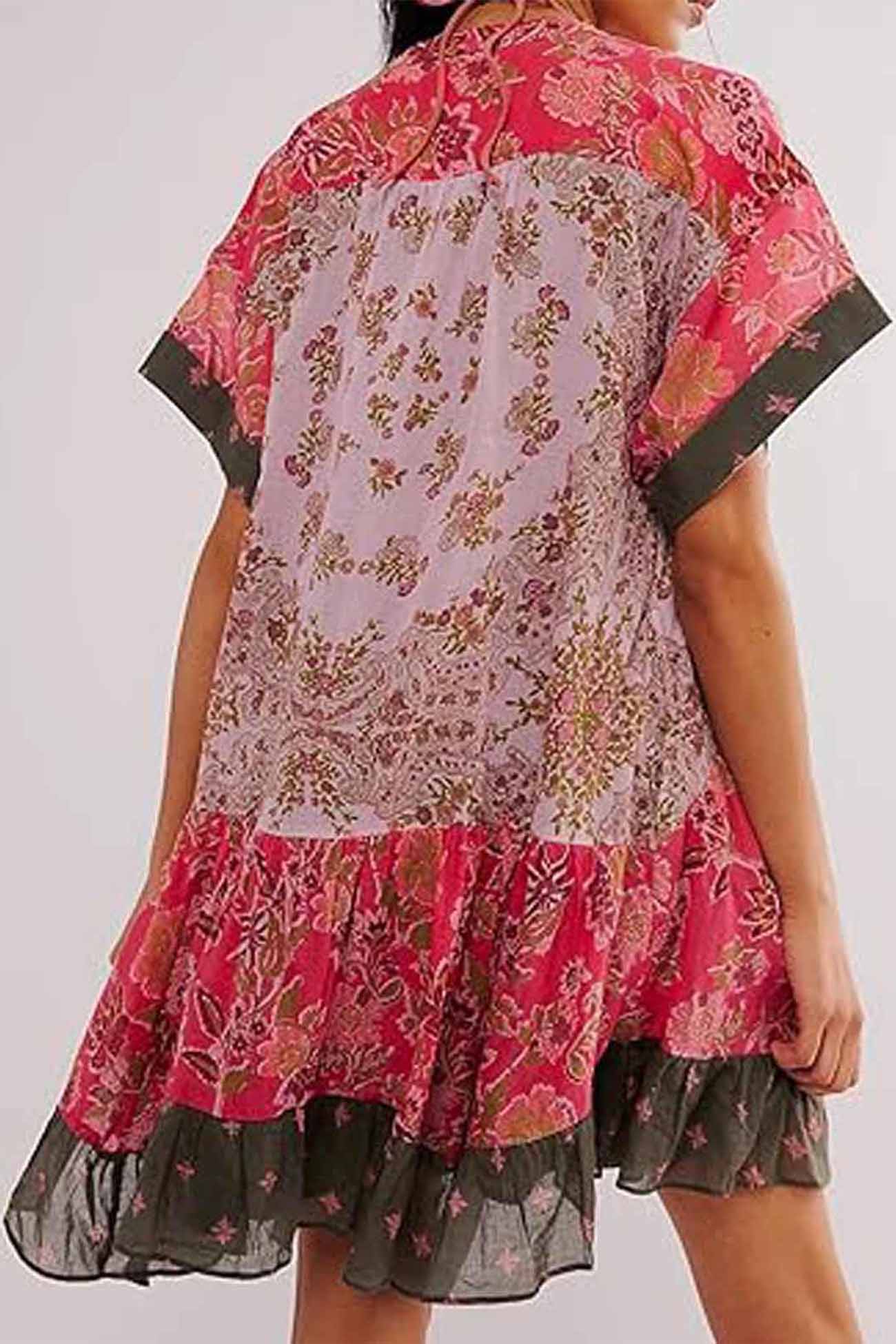 Boho Printed V Neck Pleated Hem Mini Dress