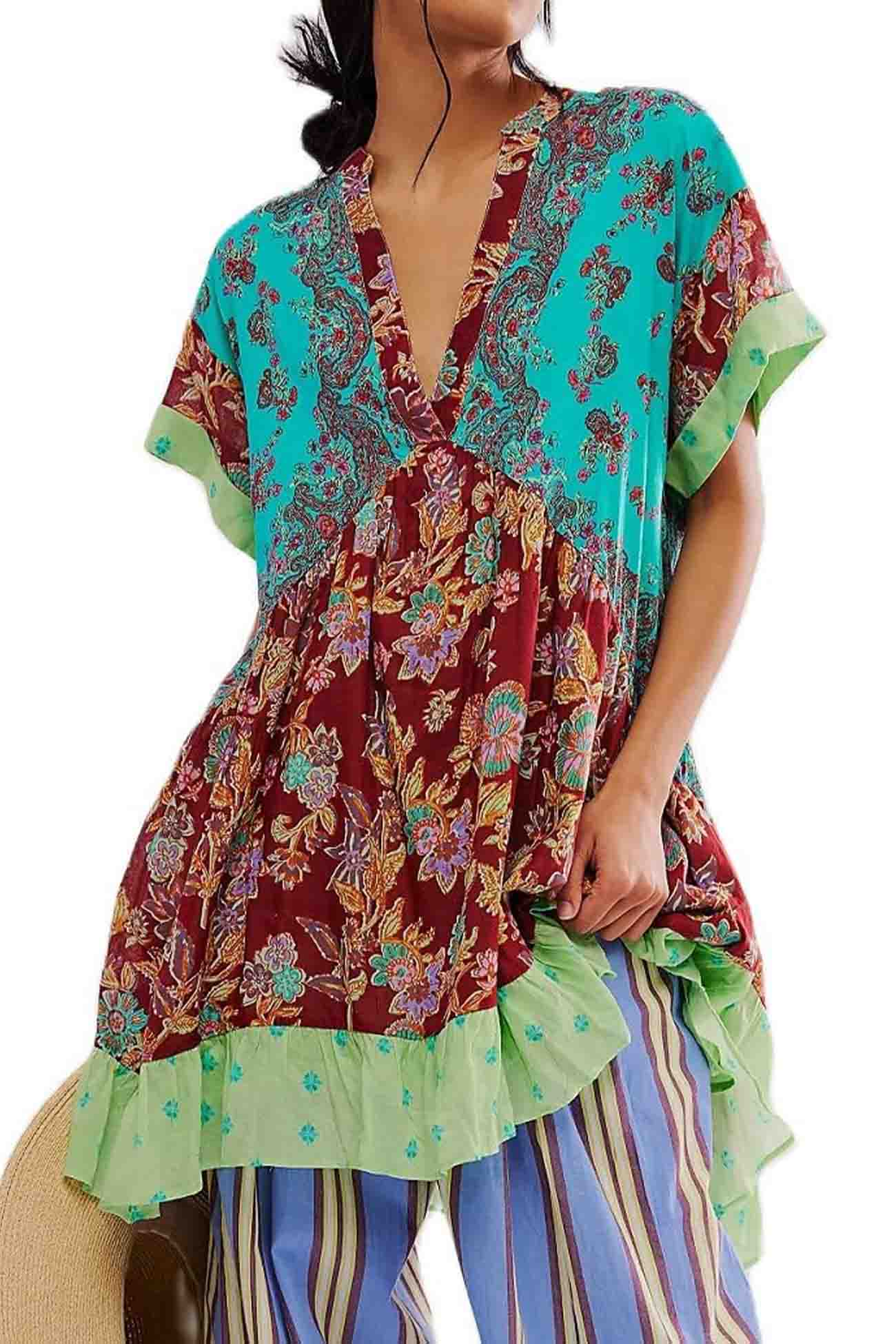 Boho Printed V Neck Pleated Hem Mini Dress