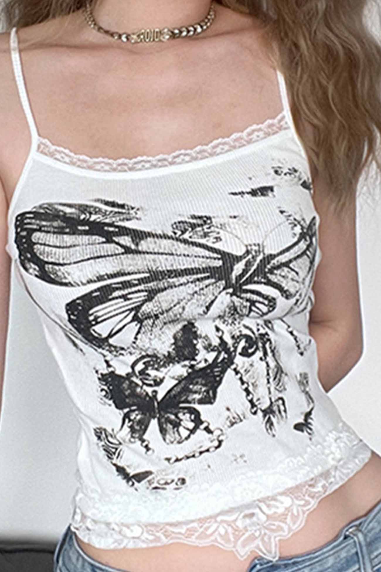 Butterfly Printed Lace Patchwork Cami Crop Top