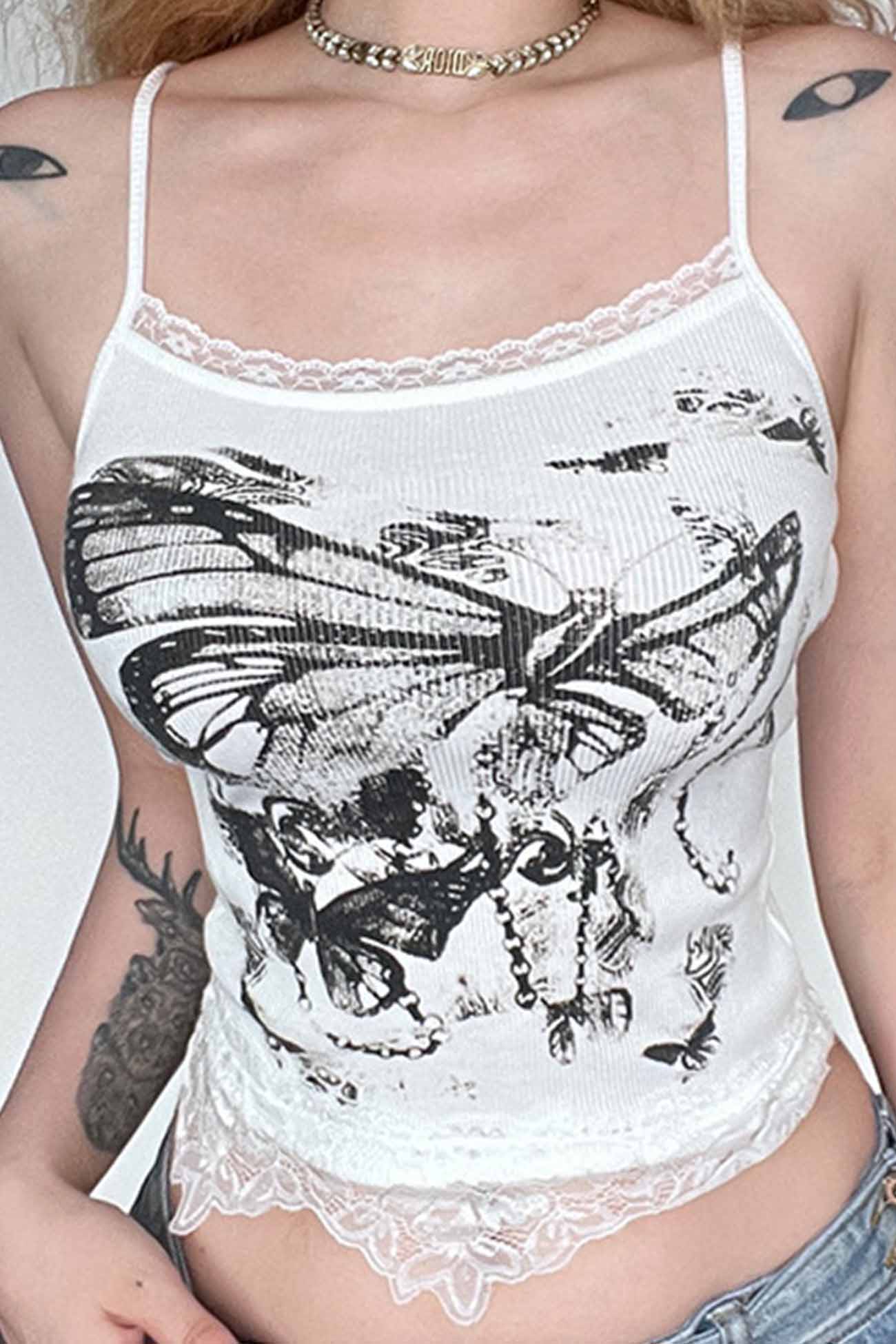 Butterfly Printed Lace Patchwork Cami Crop Top