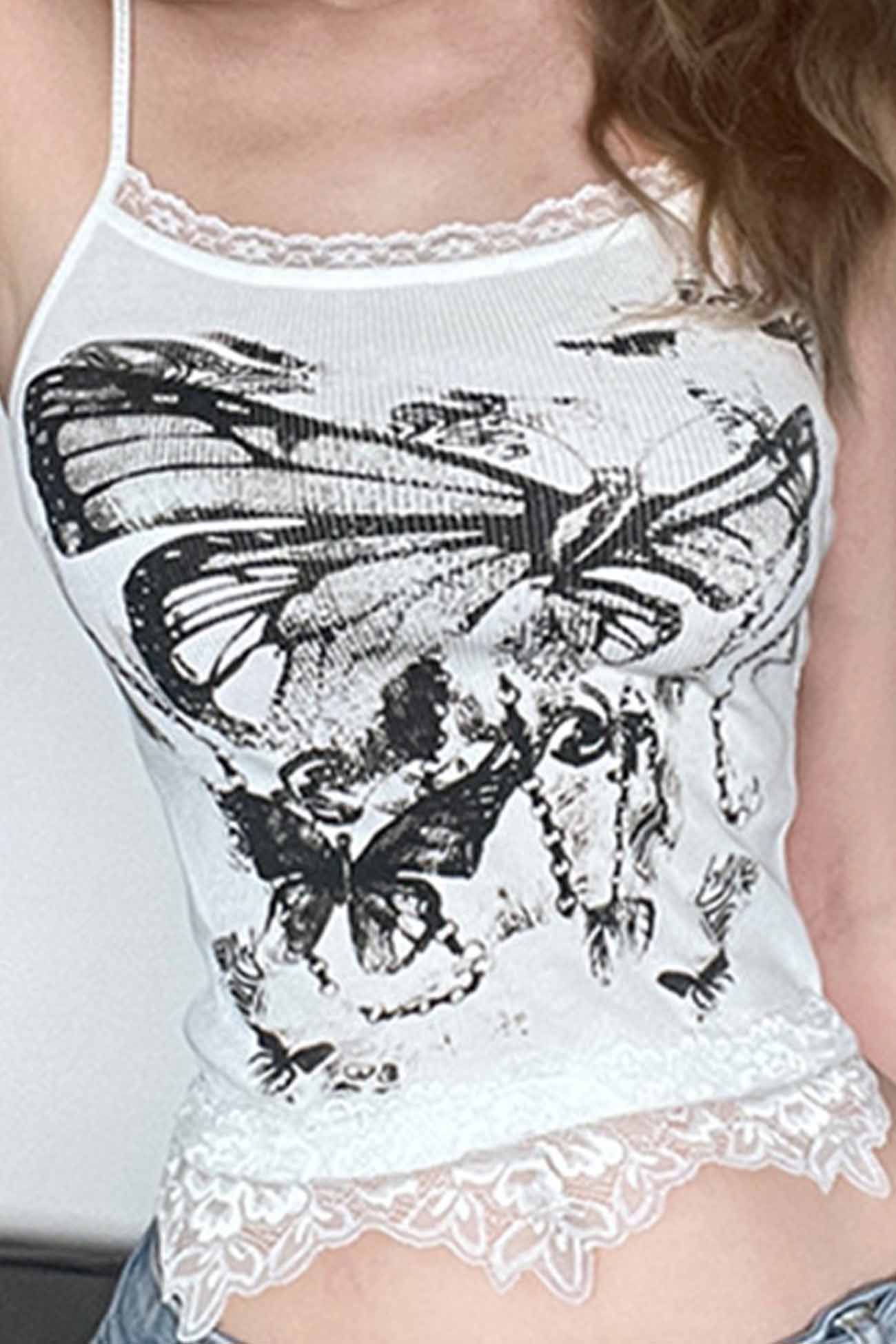 Butterfly Printed Lace Patchwork Cami Crop Top