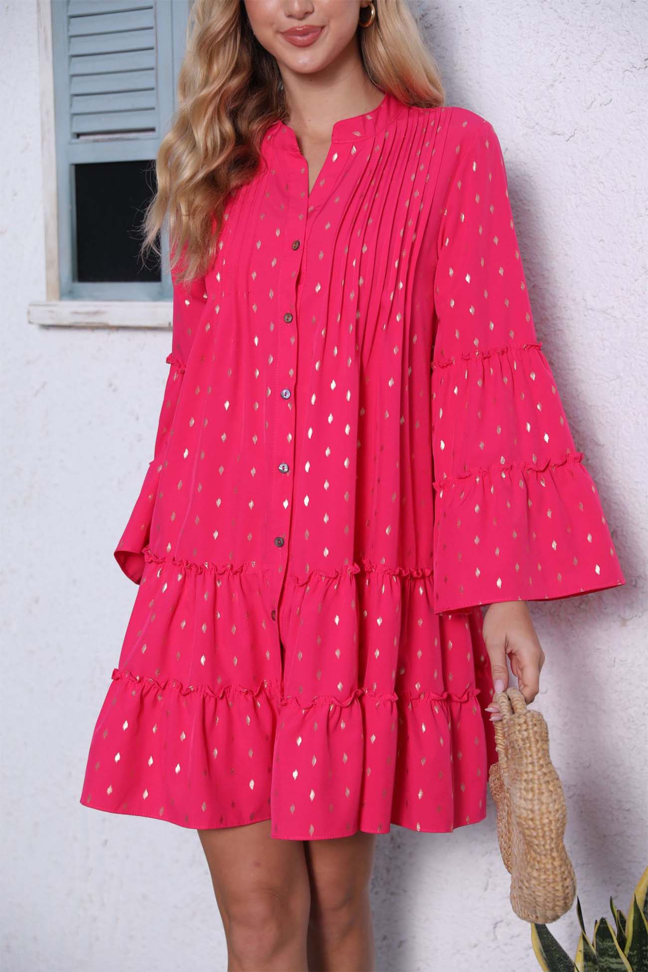 Button Pleated Bell Sleeve Tiered Dress