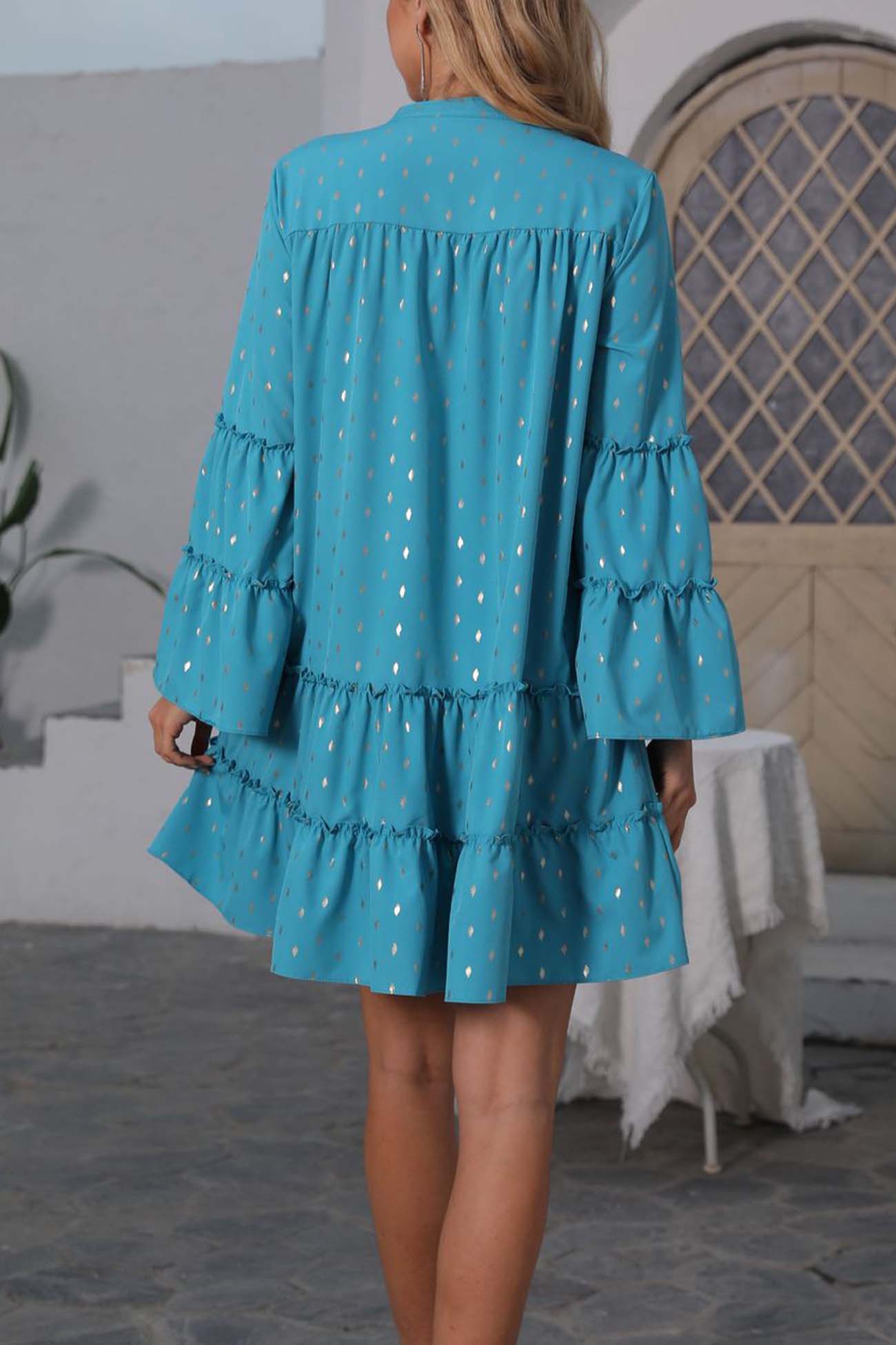 Button Pleated Bell Sleeve Tiered Dress