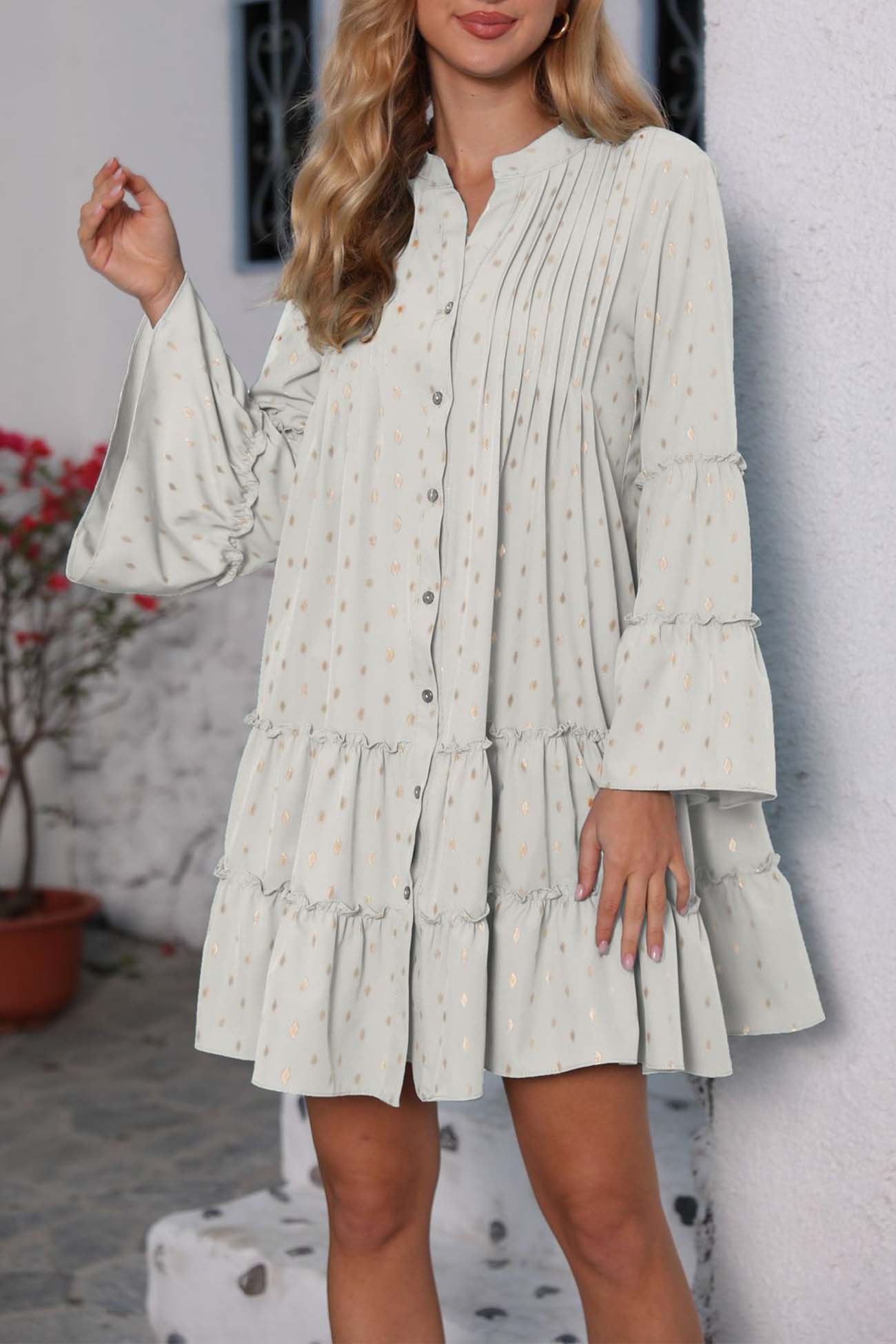 Button Pleated Bell Sleeve Tiered Dress