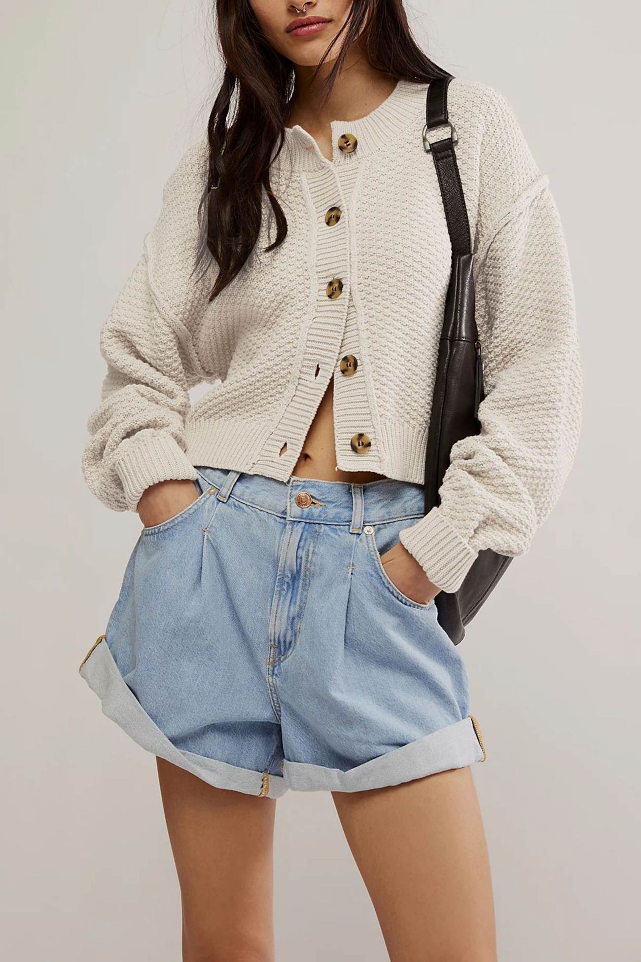 Button-down Long Sleeve Crop Cardigan