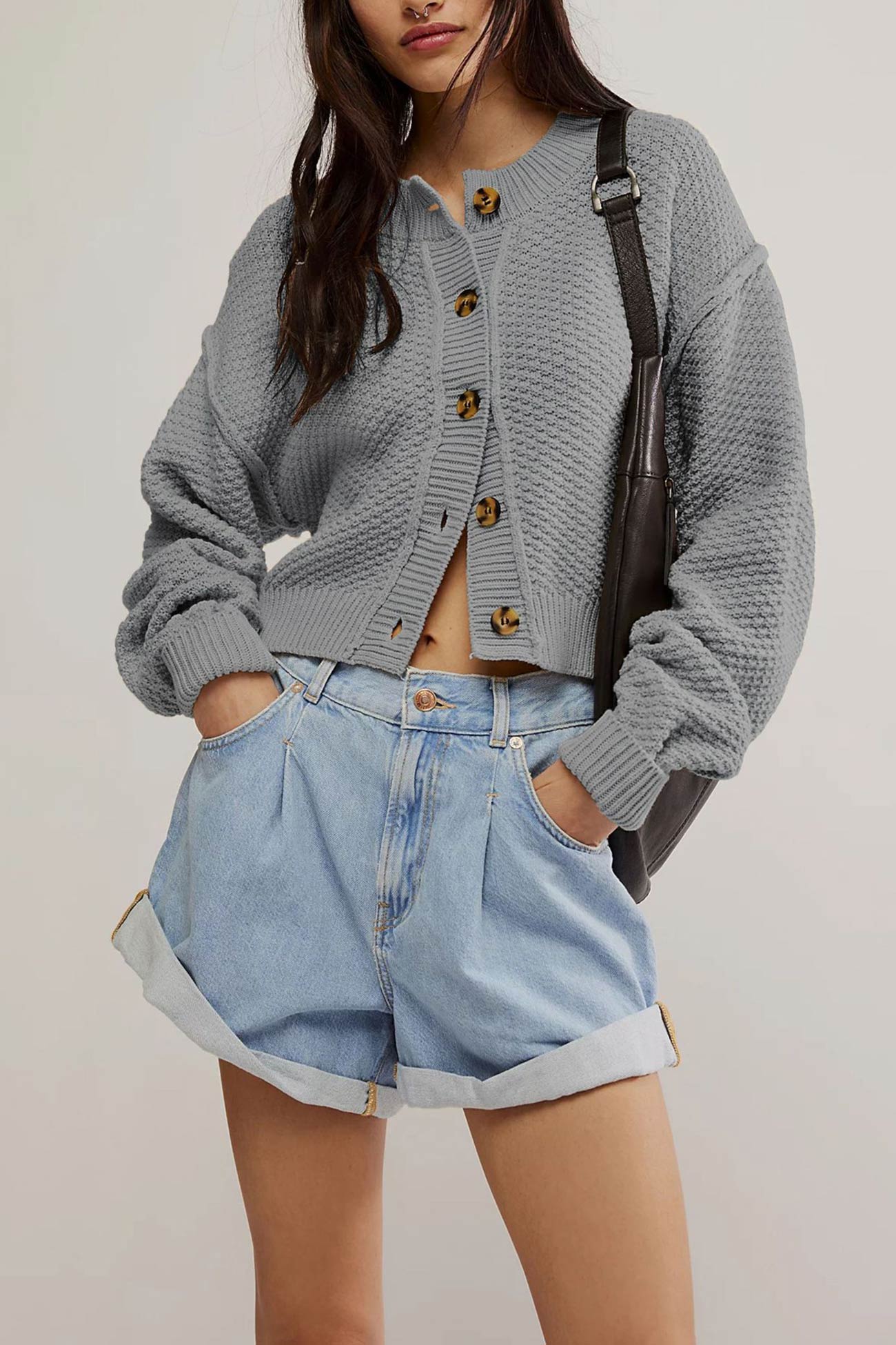 Button-down Long Sleeve Crop Cardigan