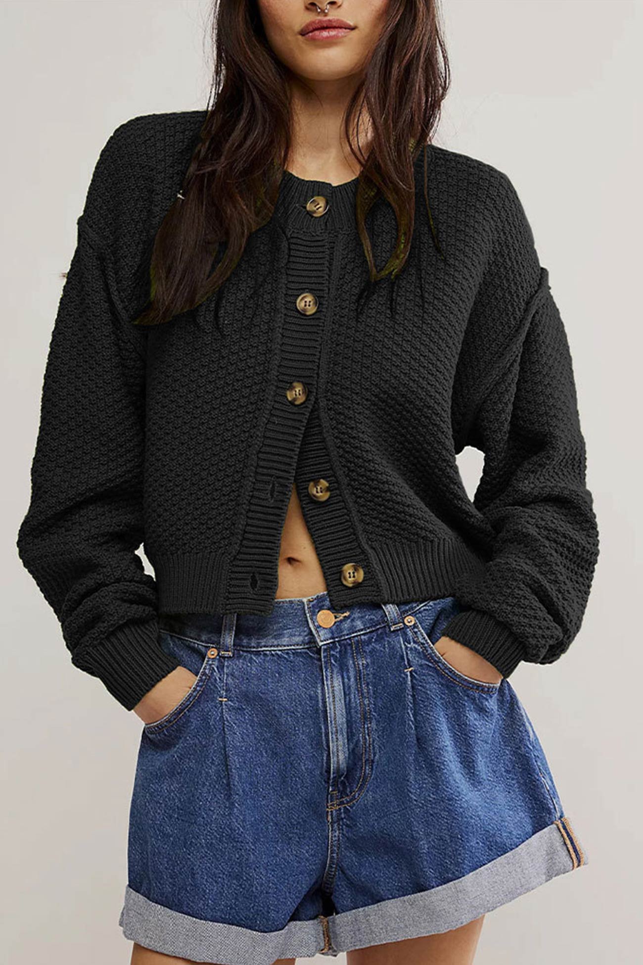 Button-down Long Sleeve Crop Cardigan