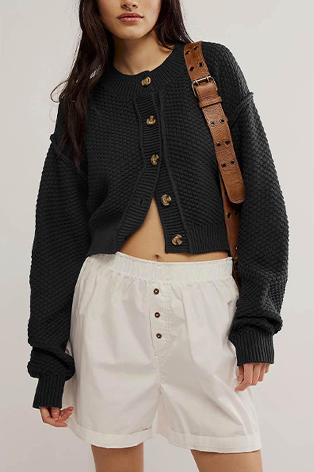 Button-down Long Sleeve Crop Cardigan