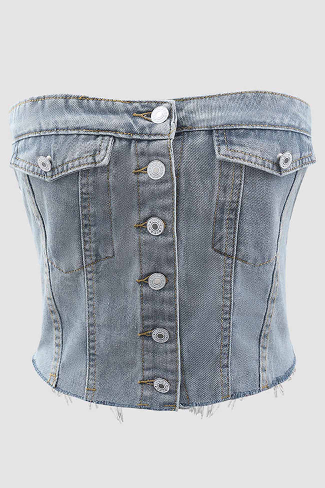 Button Front Strapless Denim Crop Top