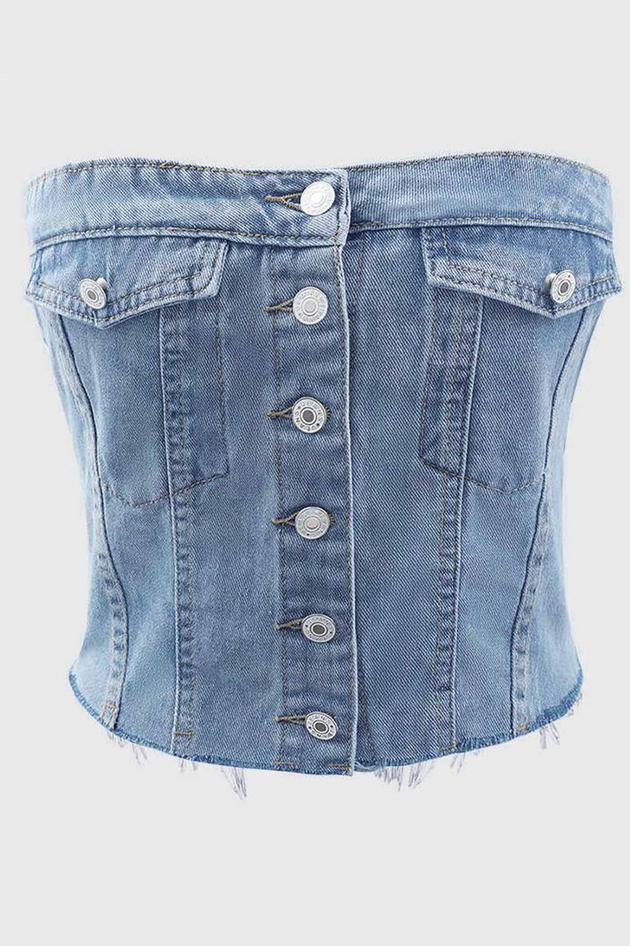 Button Front Strapless Denim Crop Top