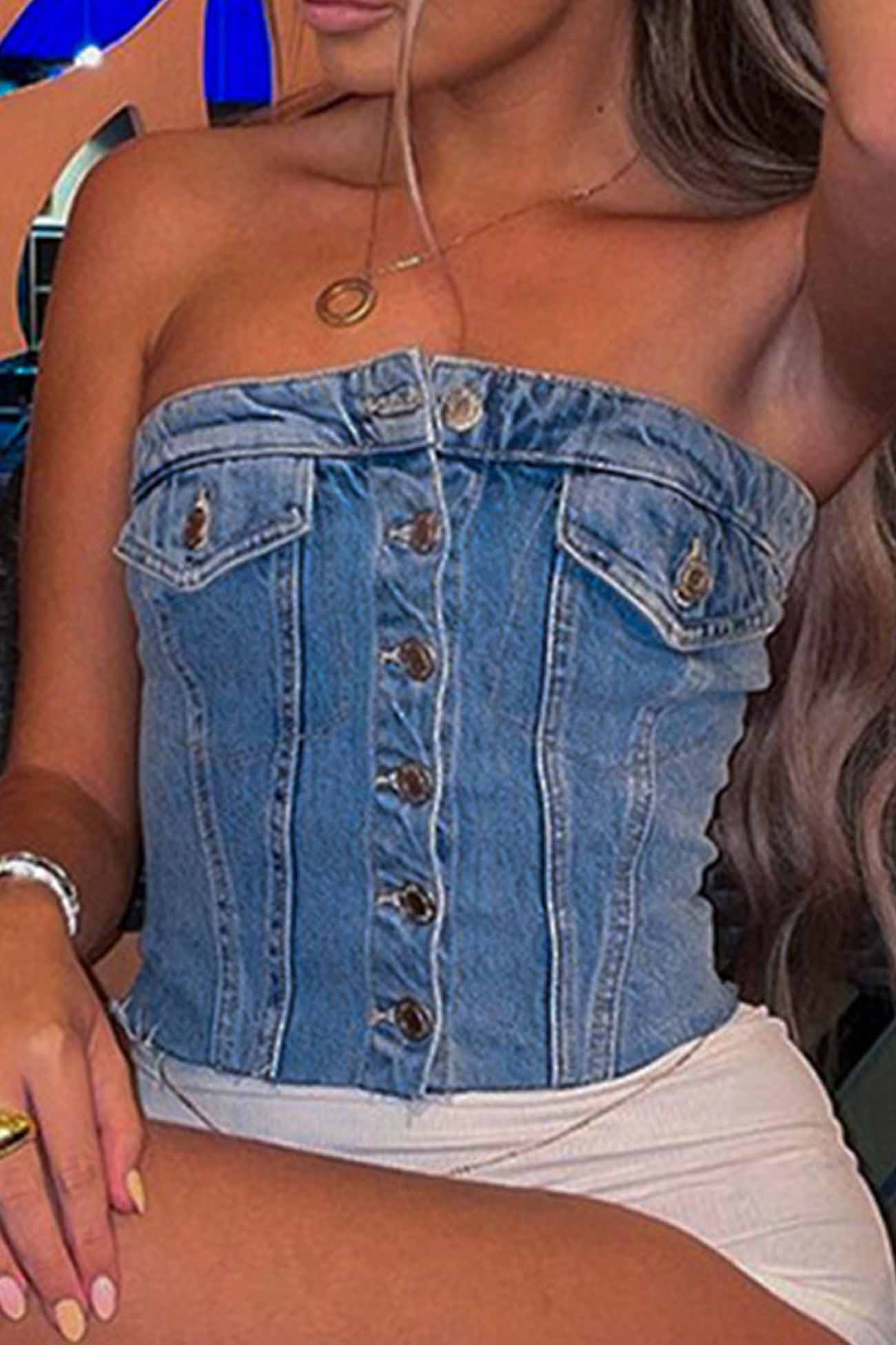 Button Front Strapless Denim Crop Top