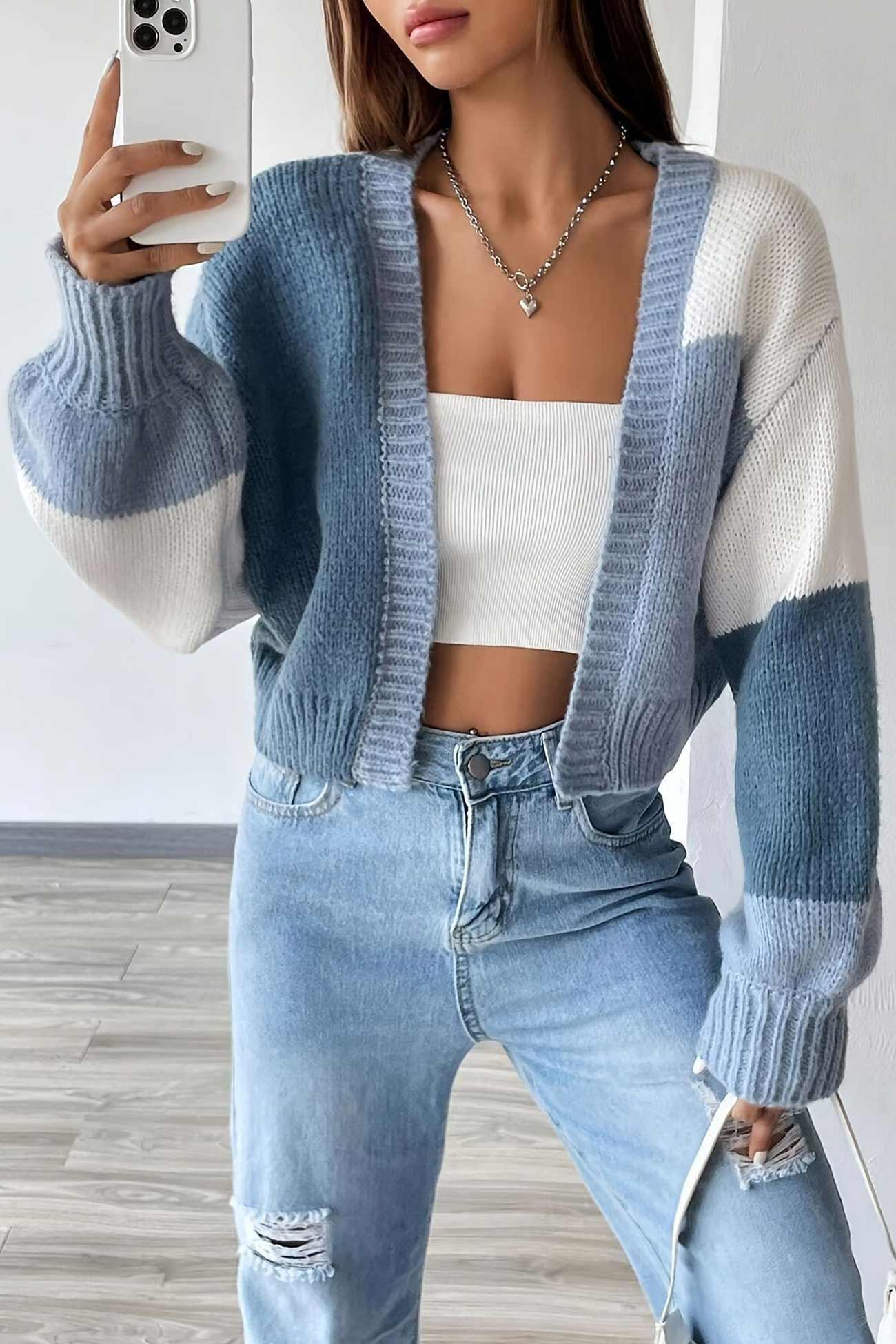 Colorblock Open Front Long Sleeve Cardigan